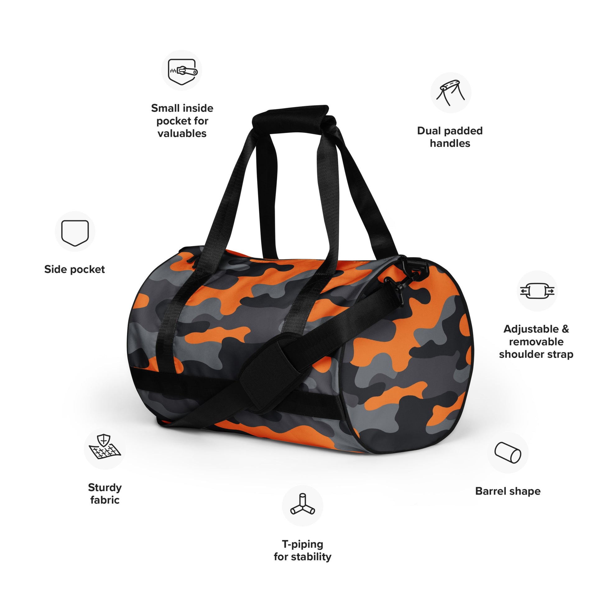 Camo Gym Bag | Orange, Black & Gray Camo Colors