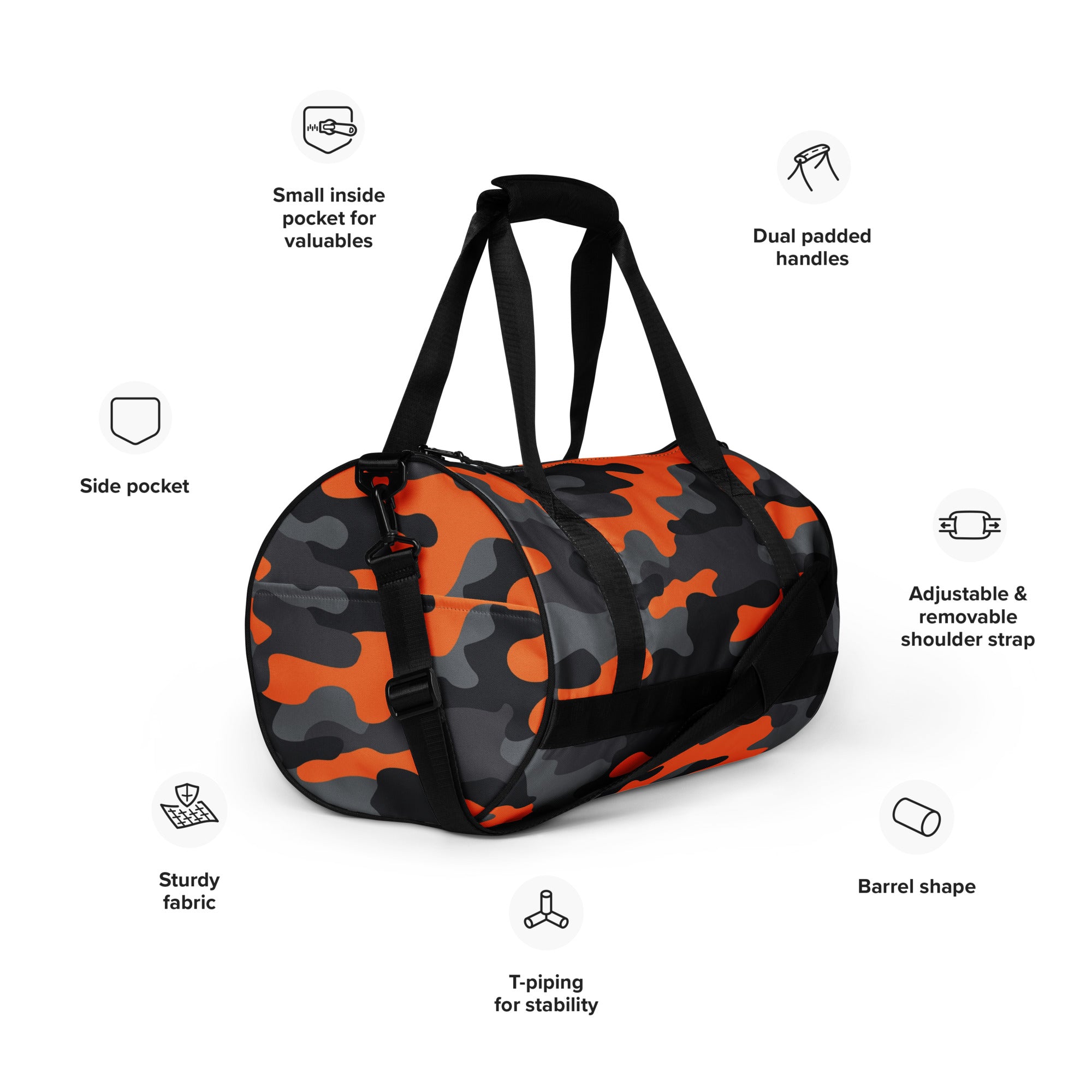 Camo Gym Bag | Orange, Black & Gray Camo Colors