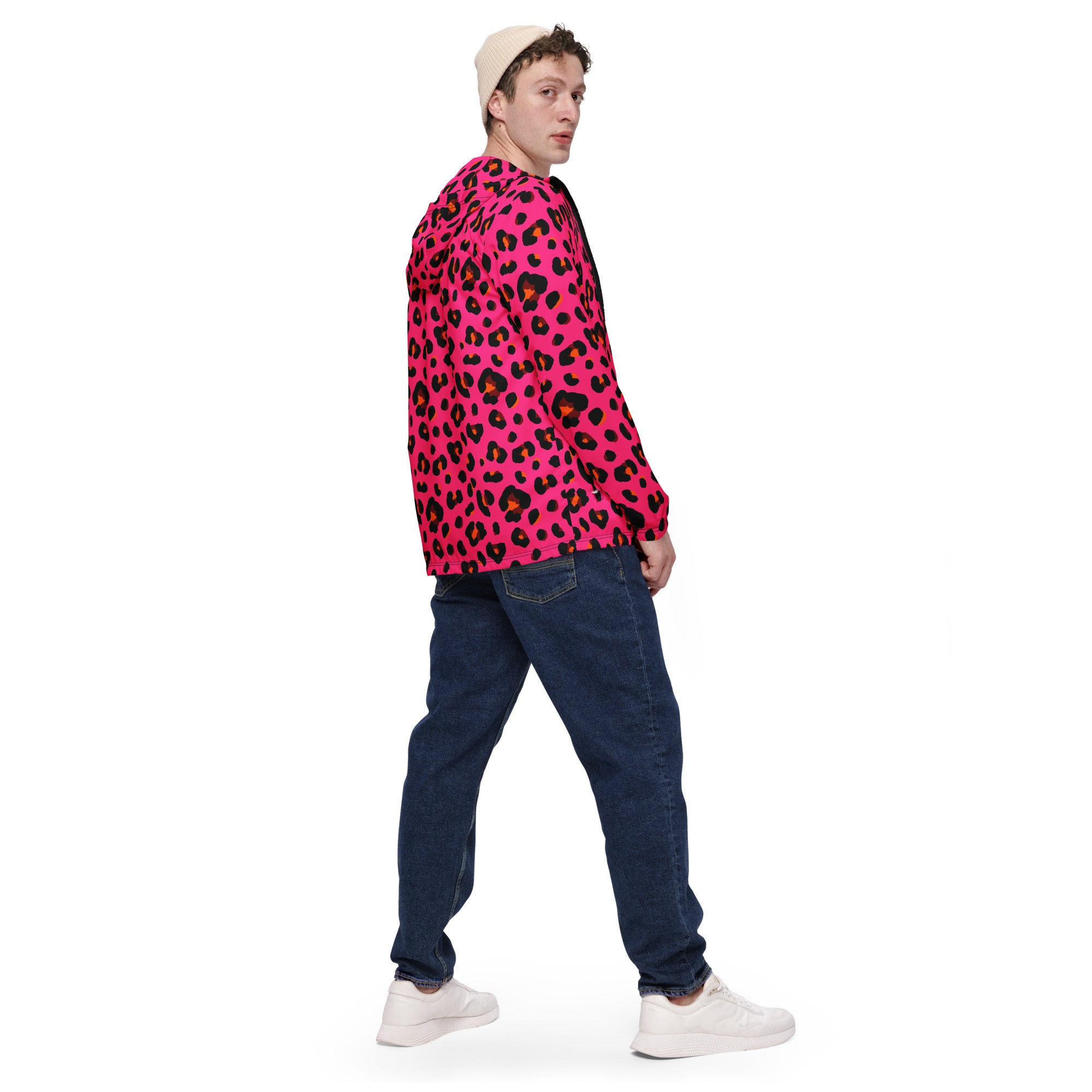 Men's Windbreaker | Cerise Pink, Orange and Black Leopard Camo Colors
