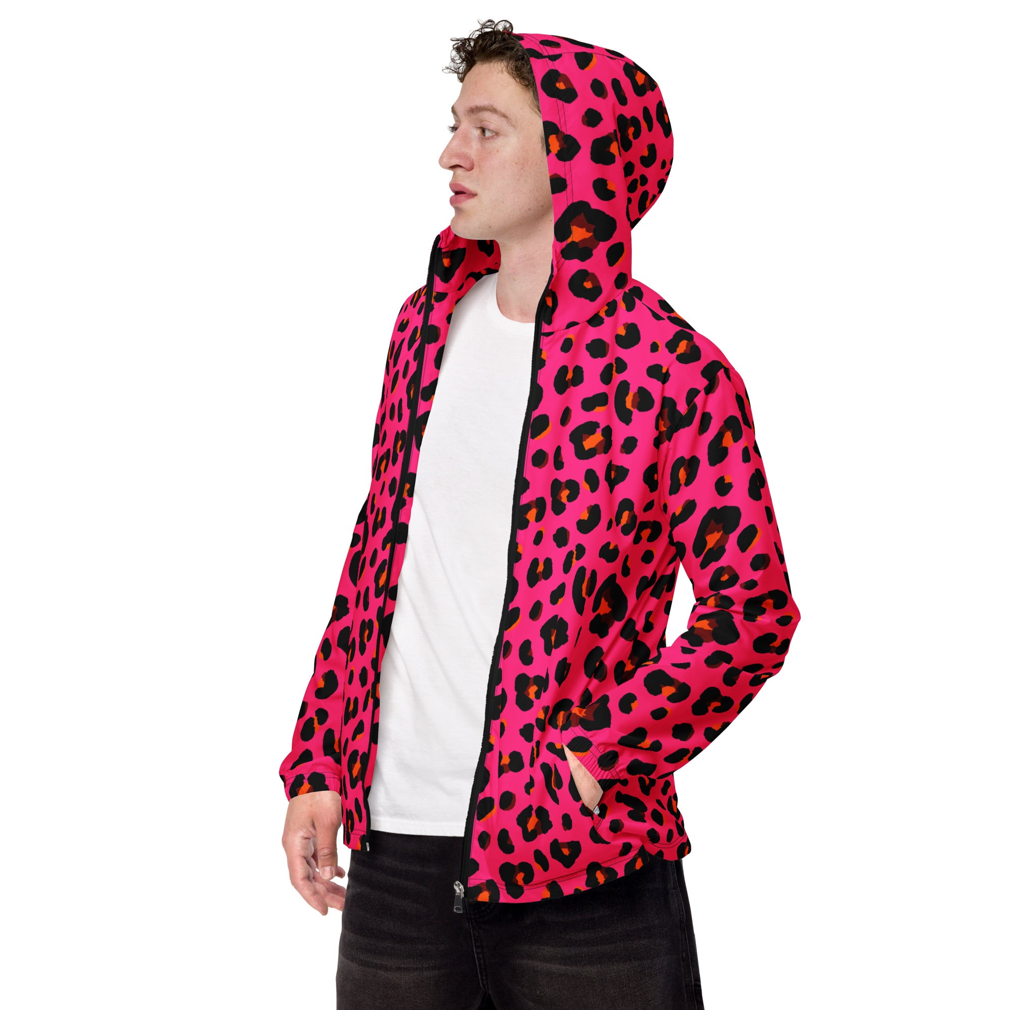 Men's Windbreaker | Cerise Pink, Orange and Black Leopard Camo Colors