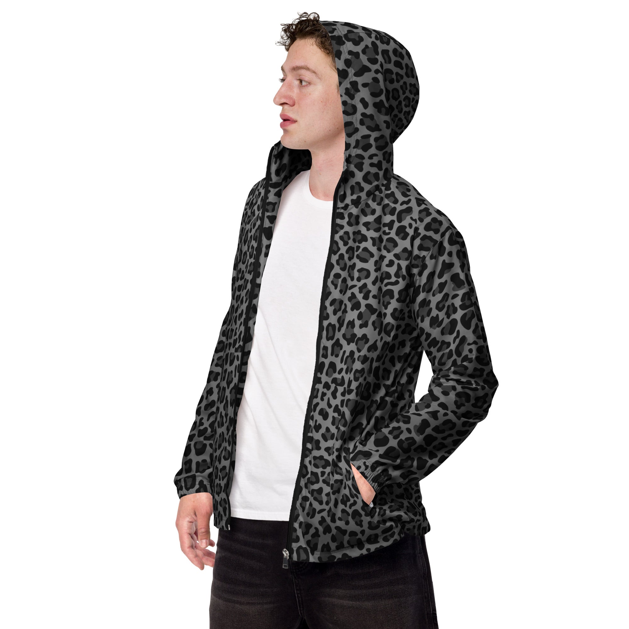 Men's Windbreaker | Gray and Black Leopard Pattern Camo Colors