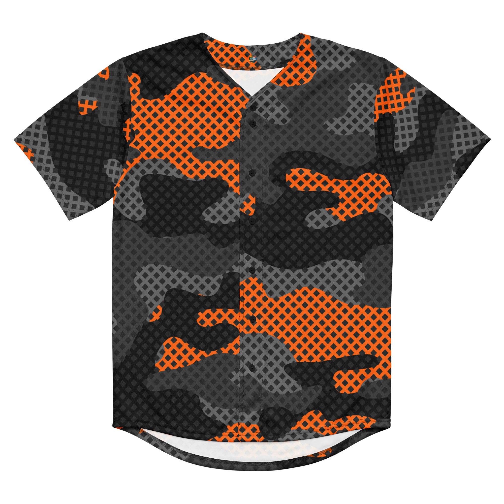 Baseball Jersey | Unisex | Black & Orange Pixel Camouflage Camo Colors