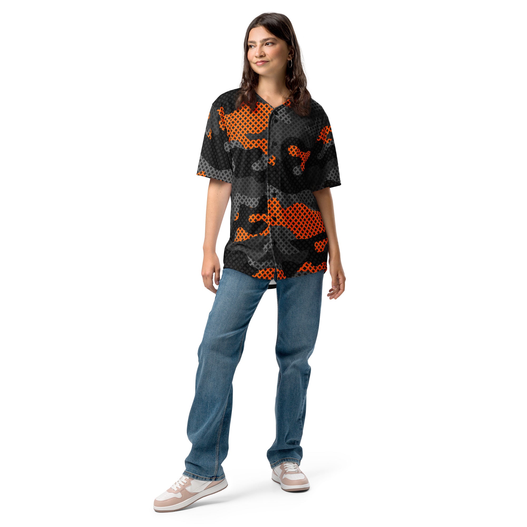 Baseball Jersey | Unisex | Black & Orange Pixel Camouflage Camo Colors