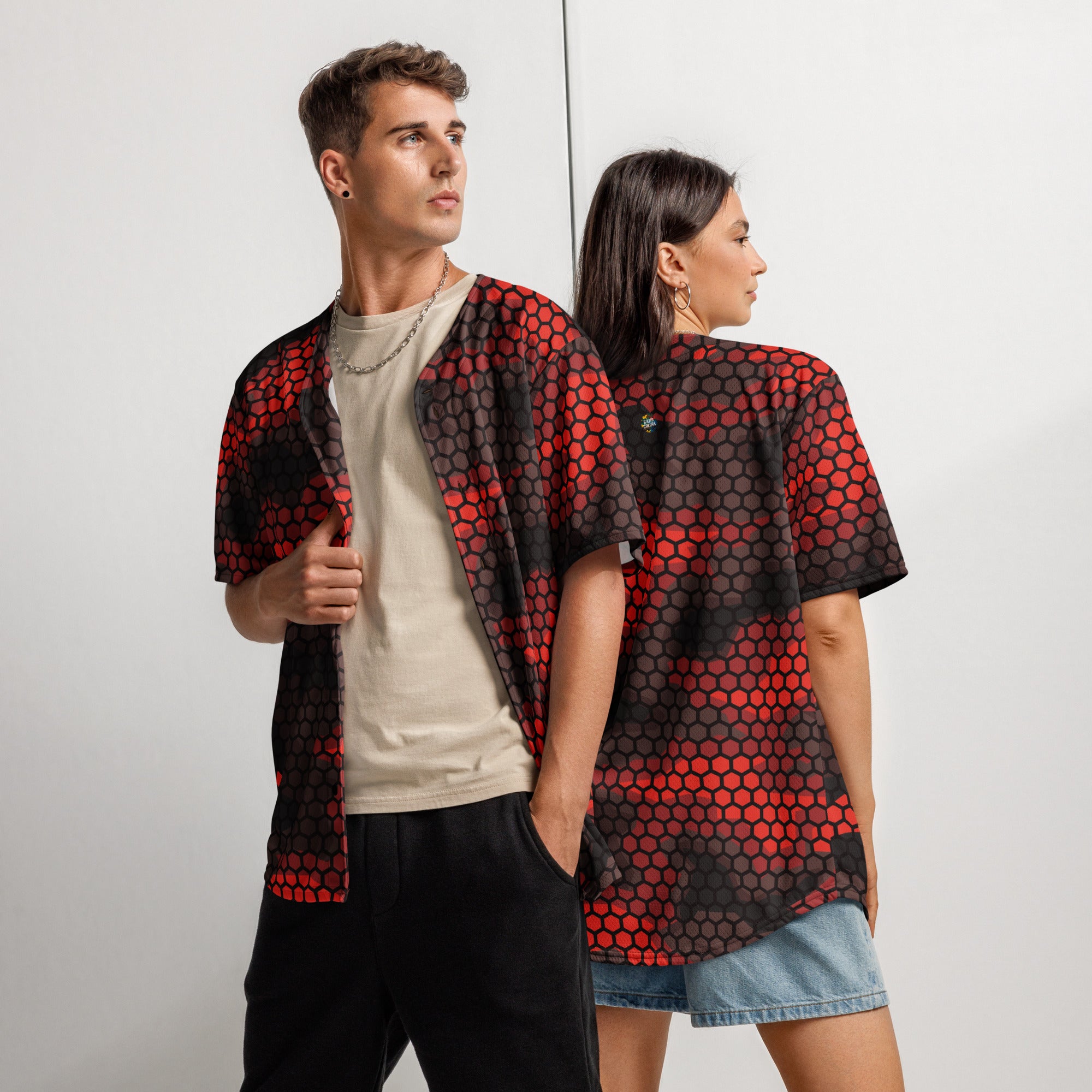 Red Camo Baseball Jersey | Geometric Hive Camo Colors