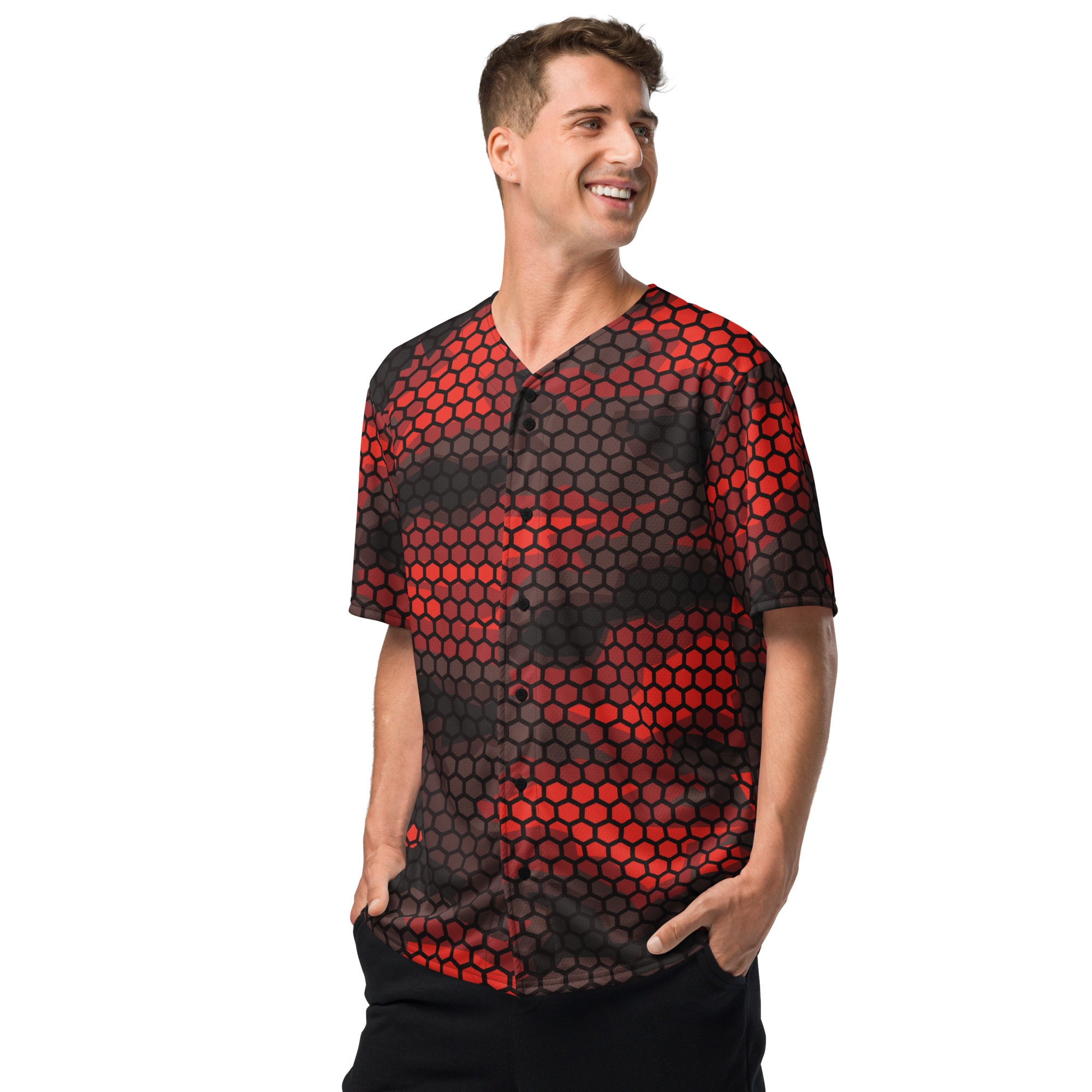 Red Camo Baseball Jersey | Geometric Hive Camo Colors