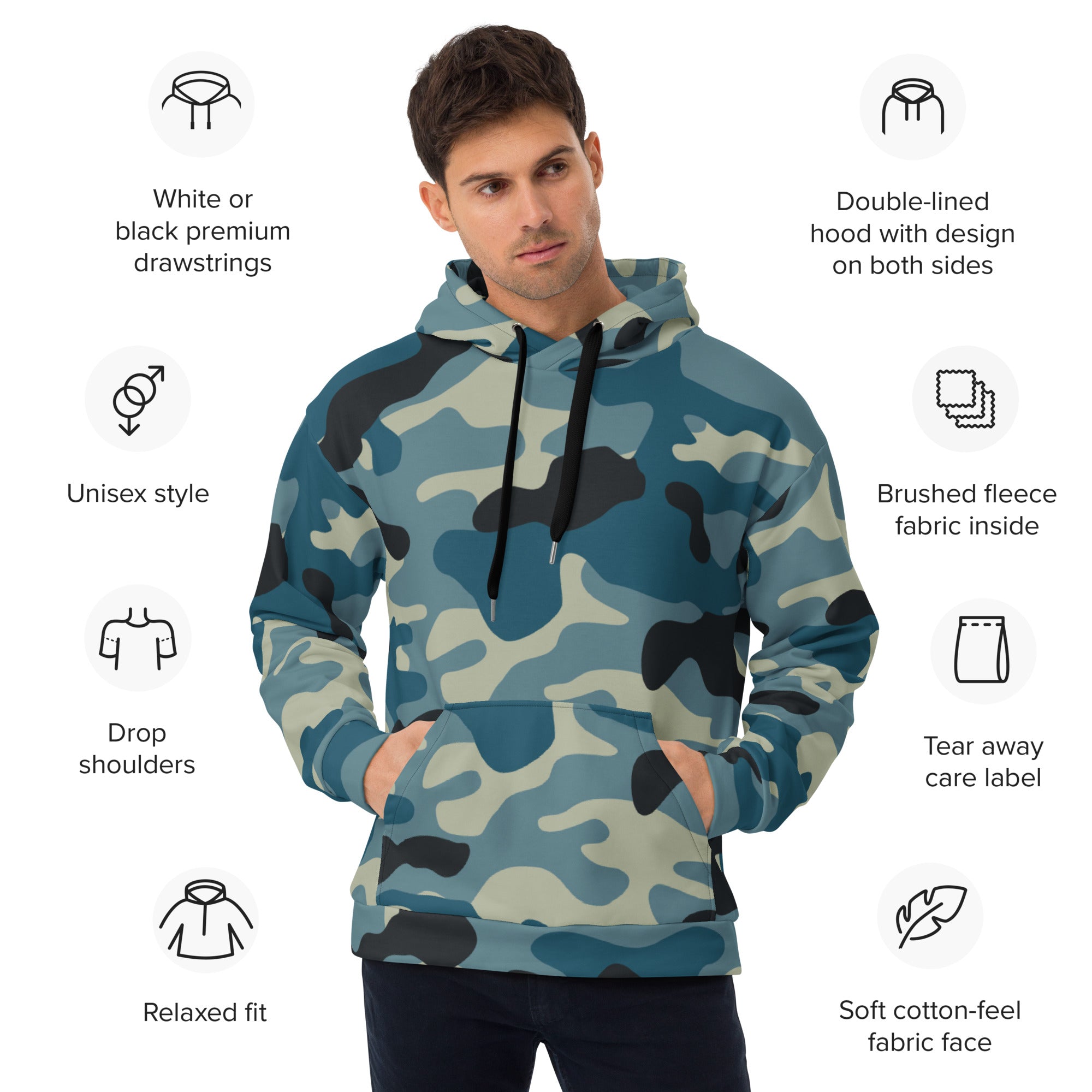 Soft, Thick and Heavy Camo Hoodie in Shades of Blue & Charcoal | Camo Colors