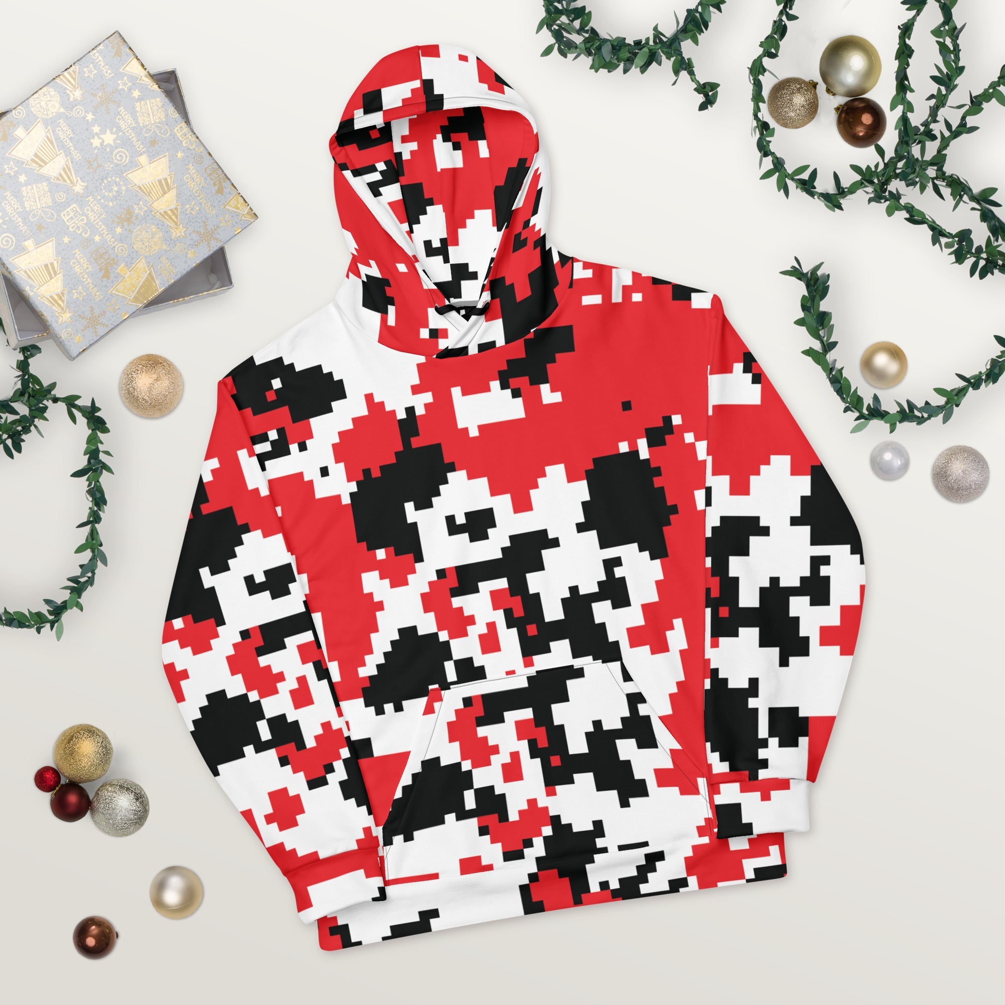 Red, Black & White Large Pixel Camo Hoodie | Camo Colors