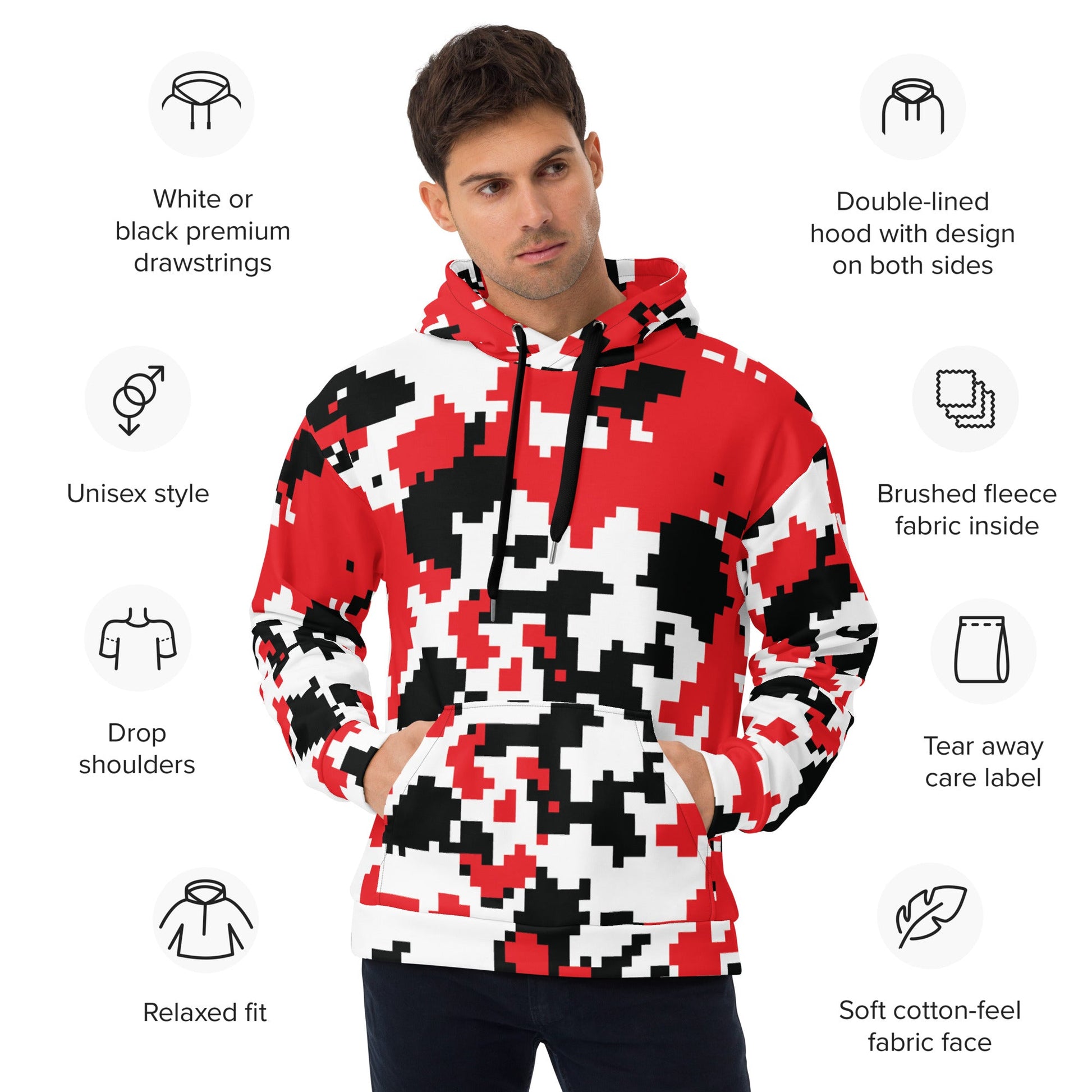 Red, Black & White Large Pixel Camo Hoodie | Camo Colors