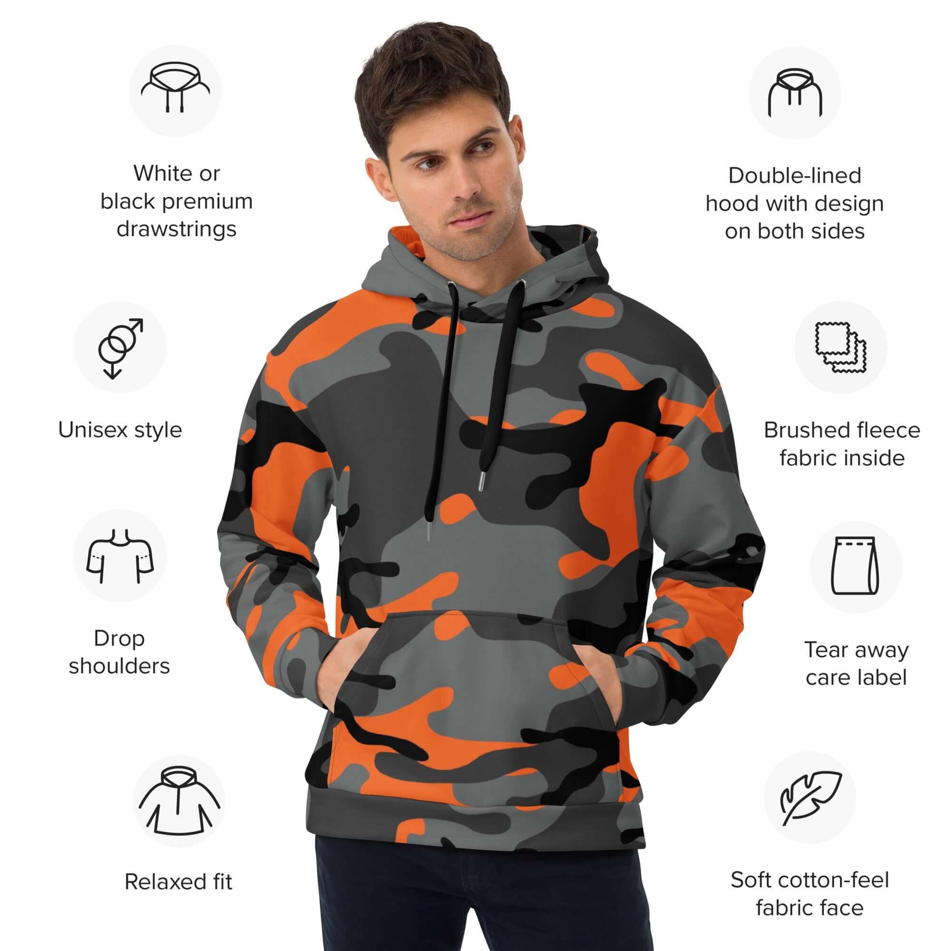 Soft, Thick and Heavy Camo Hoodie in Orange and Black | Camo Colors