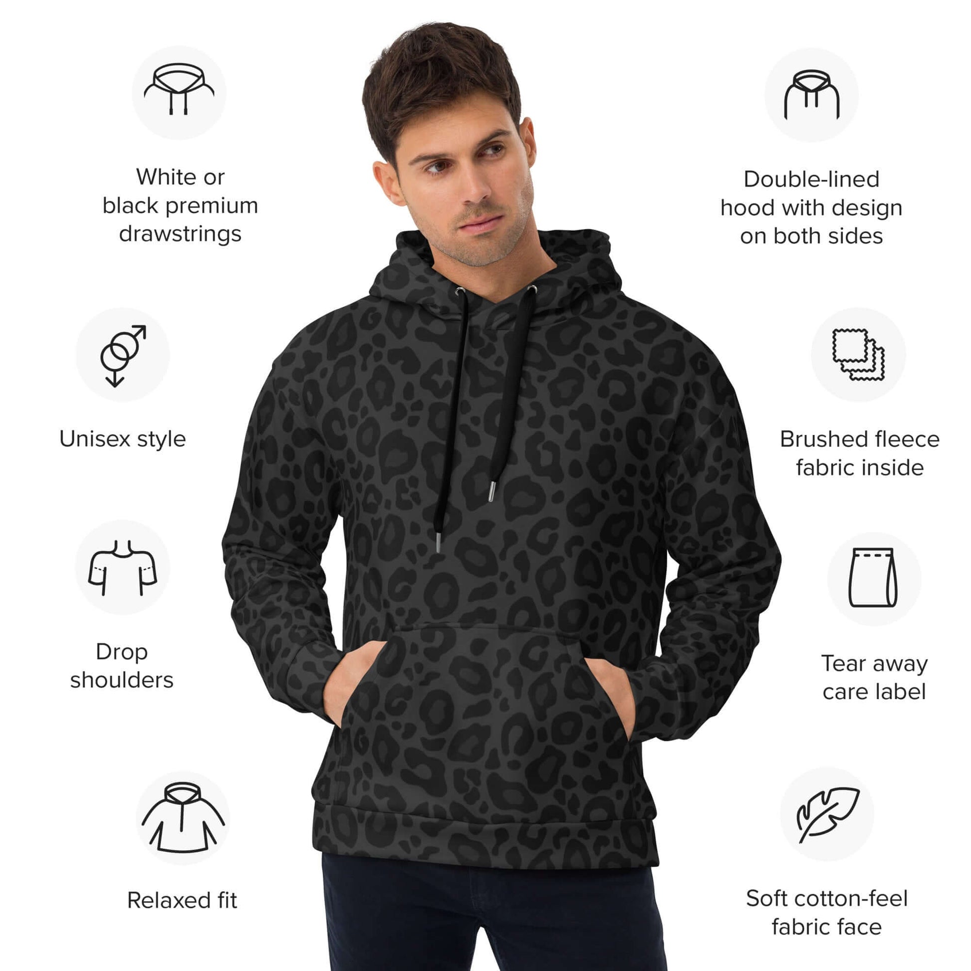 Soft, Thick and Heavy Black Leopard Print Hoodie | Puma Pattern | Camo Colors