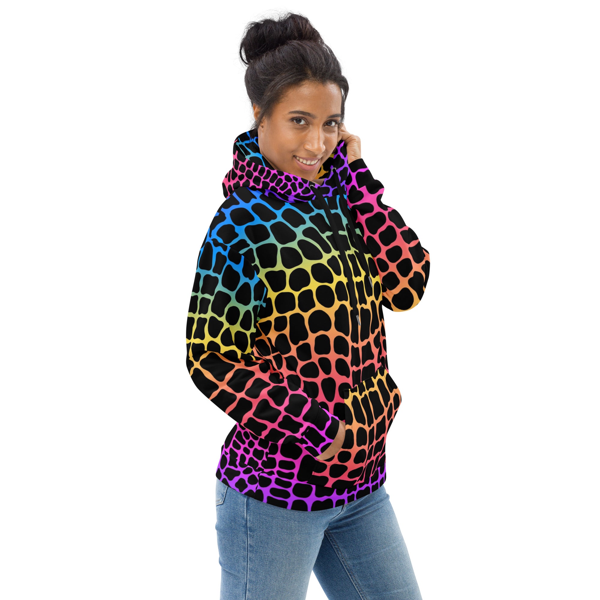Unisex Hoodie | Neon Rainbow Colored Crocodile Print Camo Colors