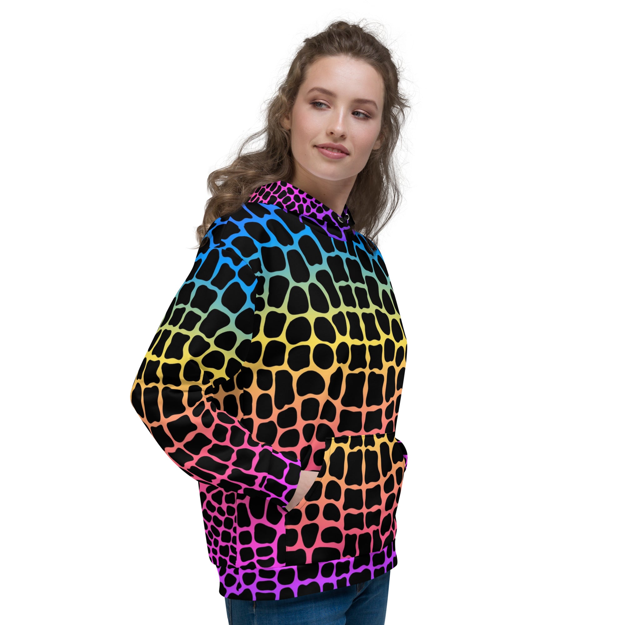 Unisex Hoodie | Neon Rainbow Colored Crocodile Print Camo Colors