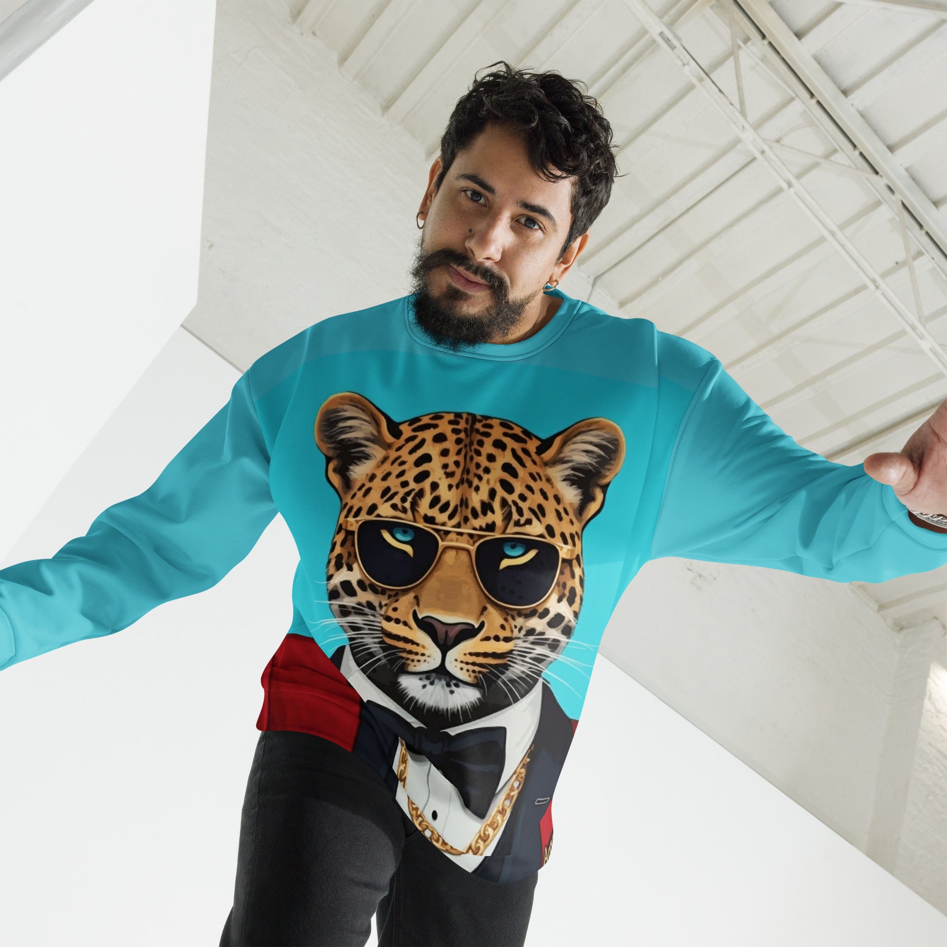 Leopard in Red Tuxedo on a Turquoise Sweatshirt | Camo Colors