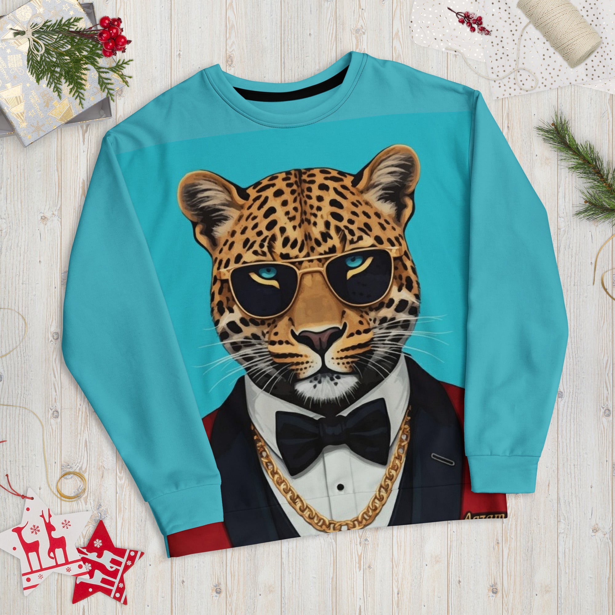 Leopard in Red Tuxedo on a Turquoise Sweatshirt | Camo Colors