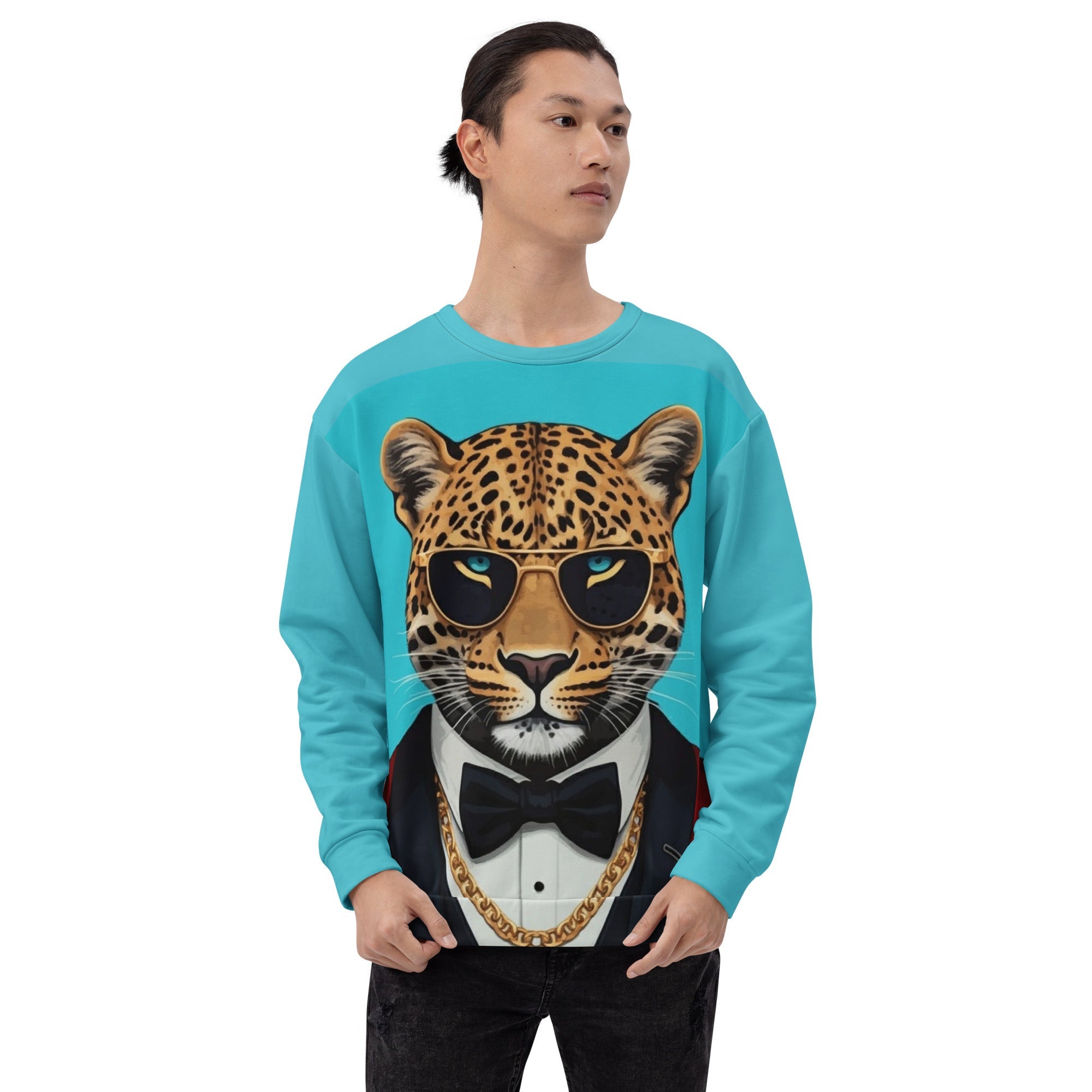 Leopard in Red Tuxedo on a Turquoise Sweatshirt | Camo Colors