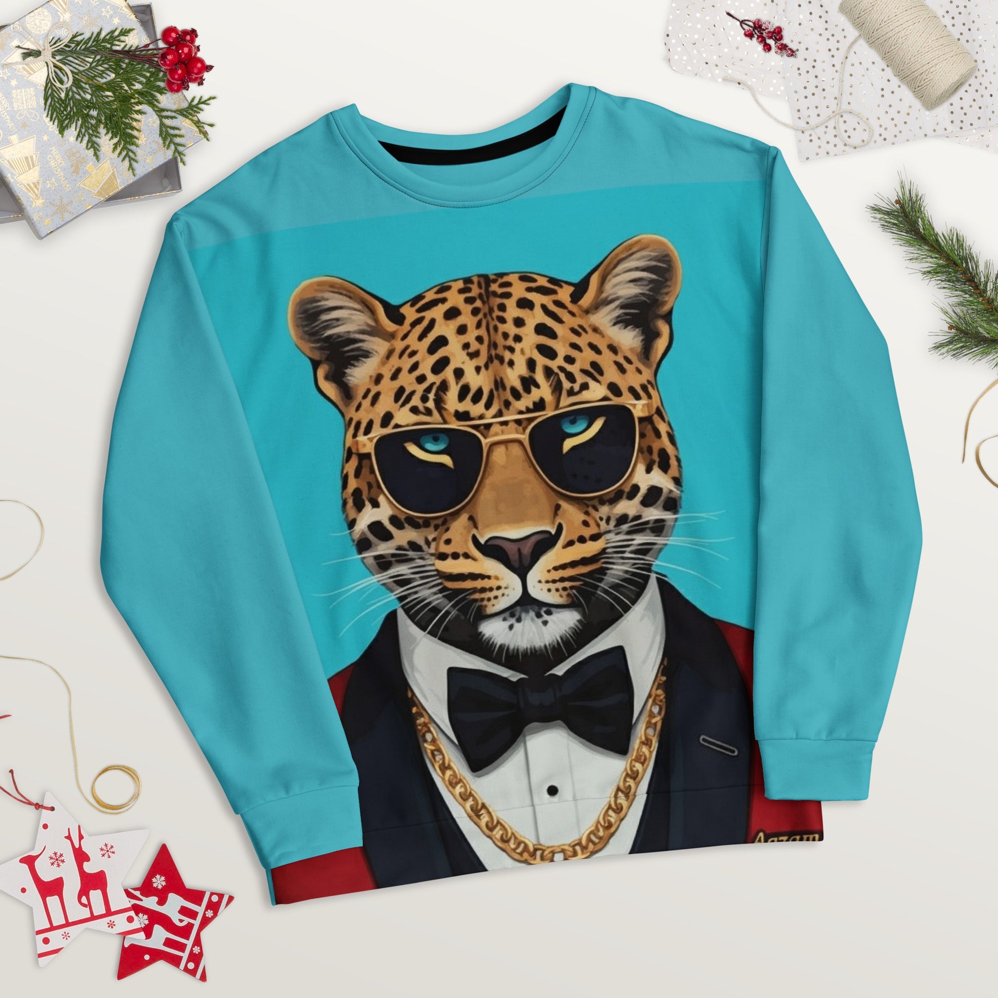 Leopard in Red Tuxedo on a Turquoise Sweatshirt | Camo Colors
