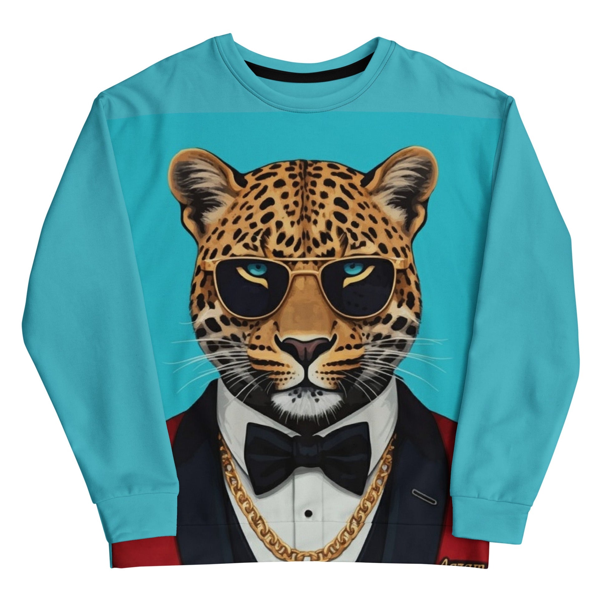 Leopard in Red Tuxedo on a Turquoise Sweatshirt | Camo Colors