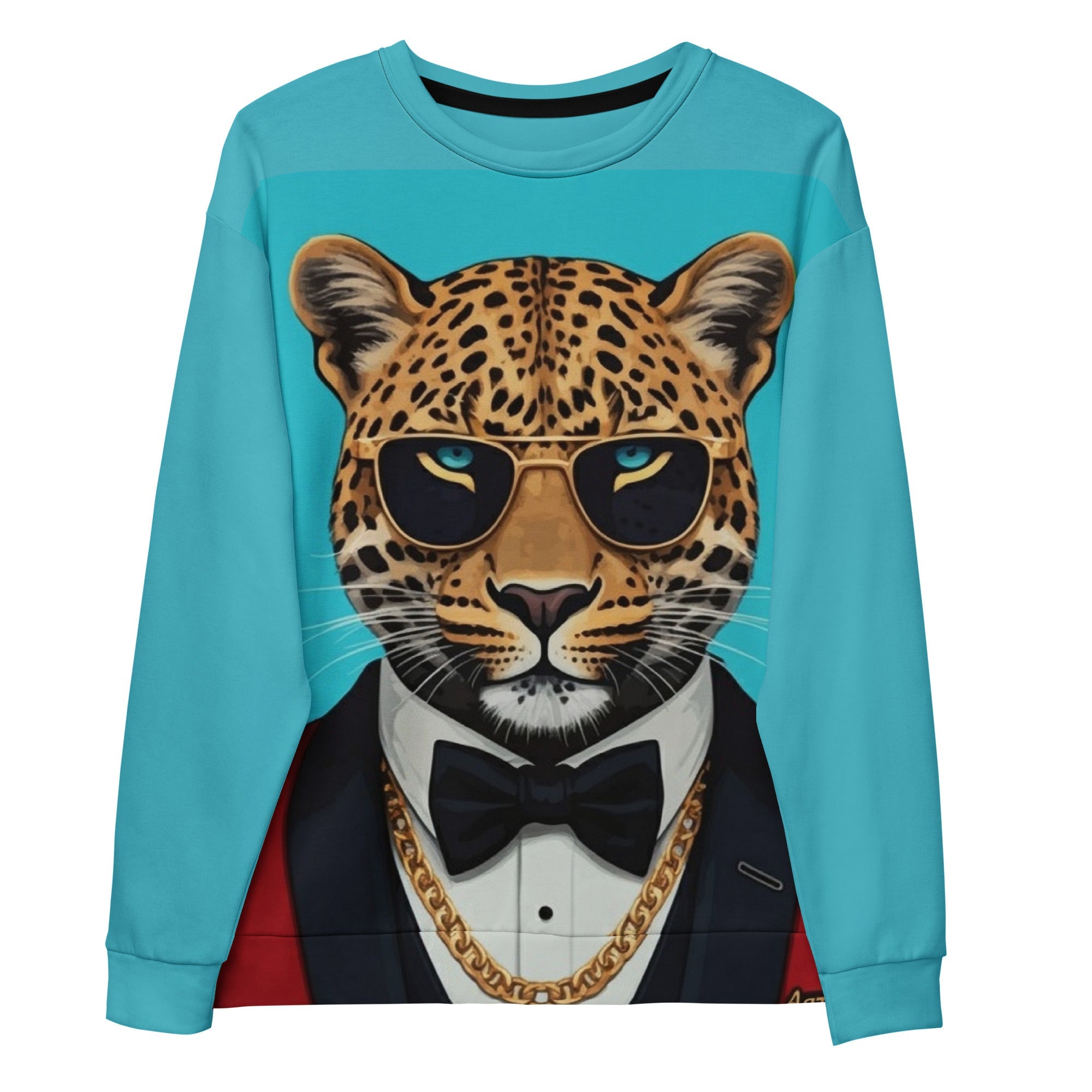 Leopard in Red Tuxedo on a Turquoise Sweatshirt | Camo Colors