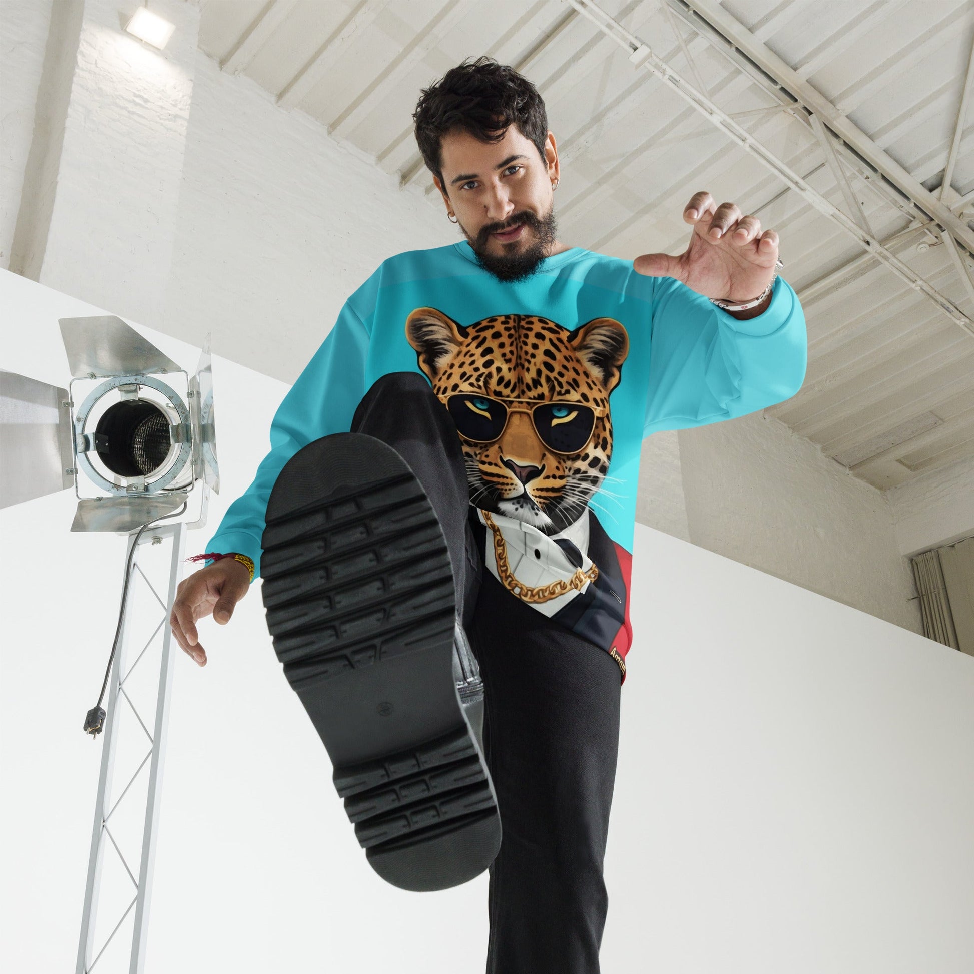 Leopard in Red Tuxedo on a Turquoise Sweatshirt | Camo Colors