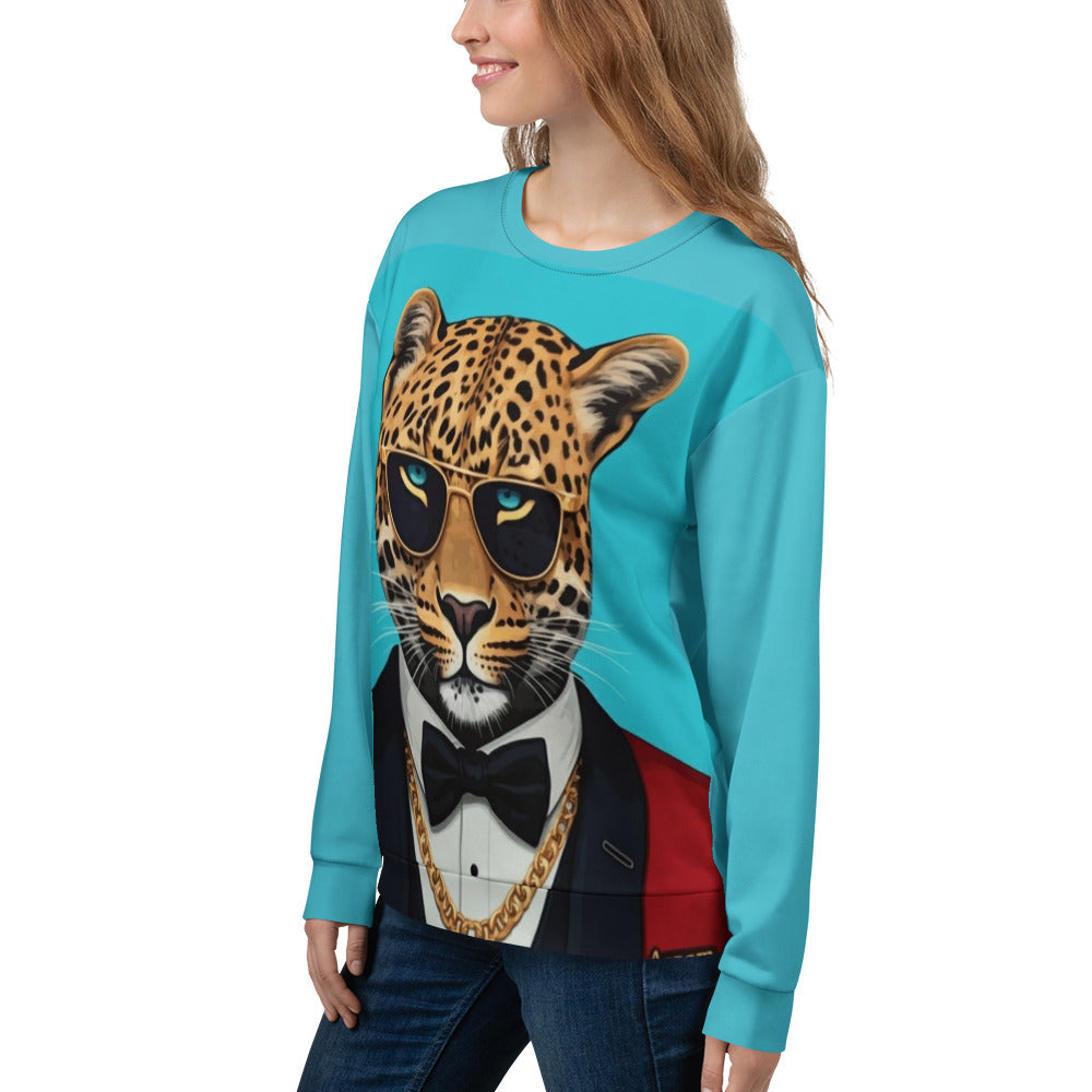 Leopard in Red Tuxedo on a Turquoise Sweatshirt | Camo Colors