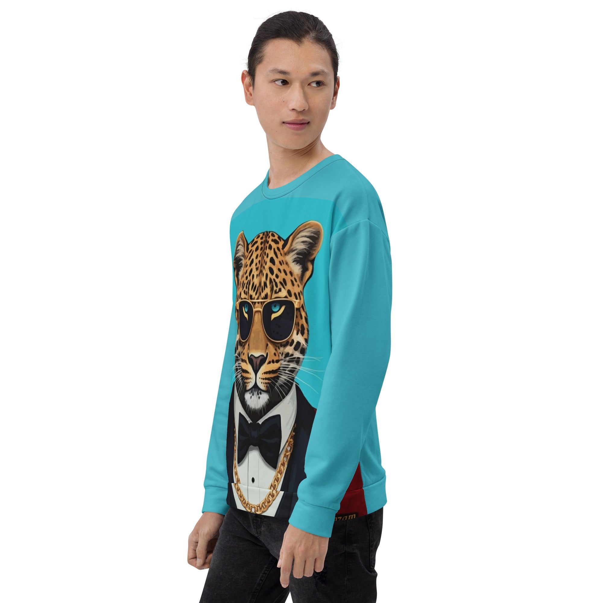 Leopard in Red Tuxedo on a Turquoise Sweatshirt | Camo Colors