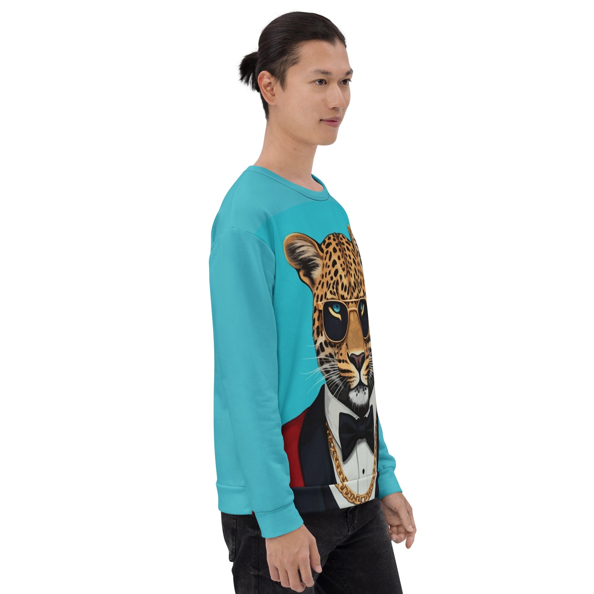 Leopard in Red Tuxedo on a Turquoise Sweatshirt | Camo Colors