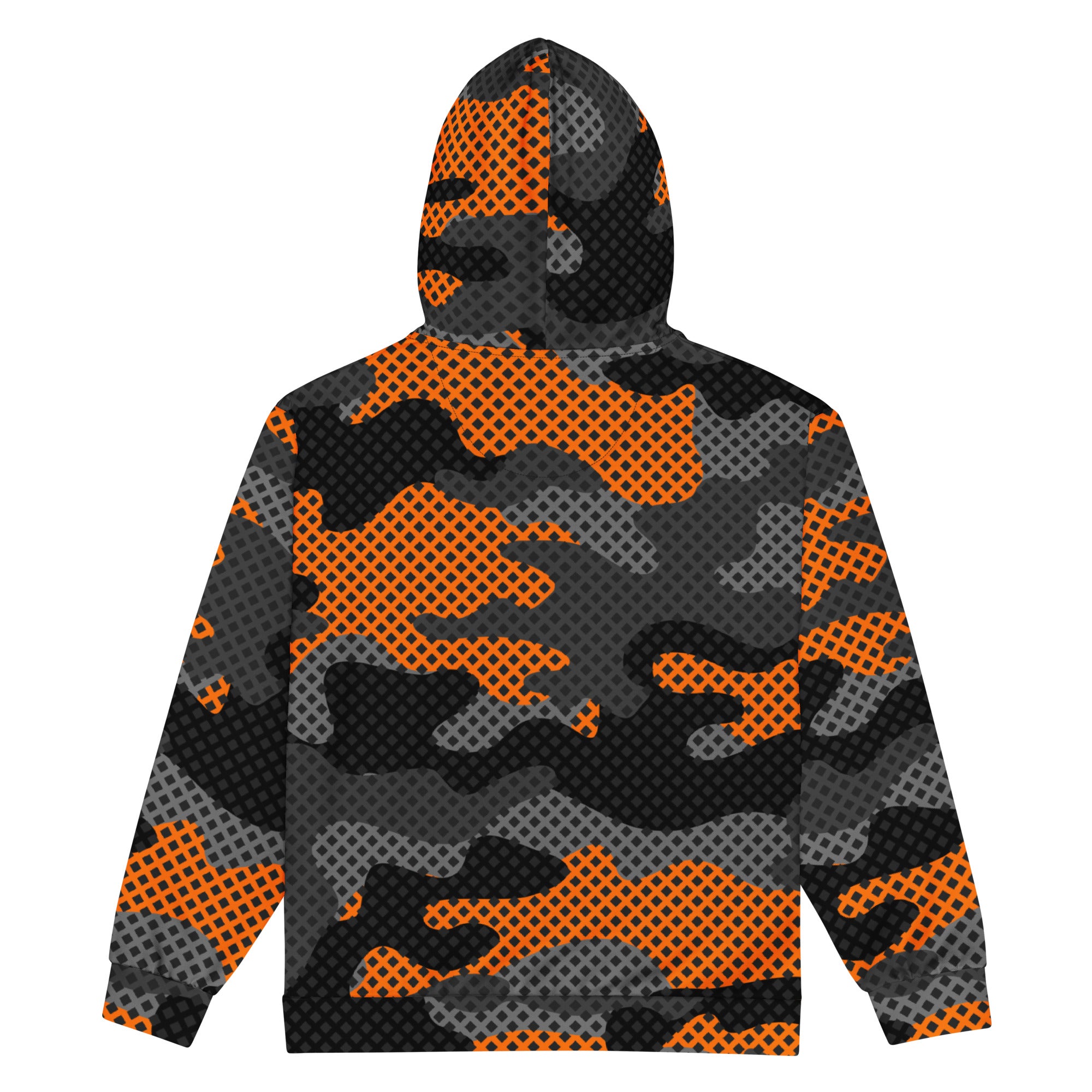 Zip Up Camo Hoodie | Unisex | Black & Orange Pixel style Camo Colors