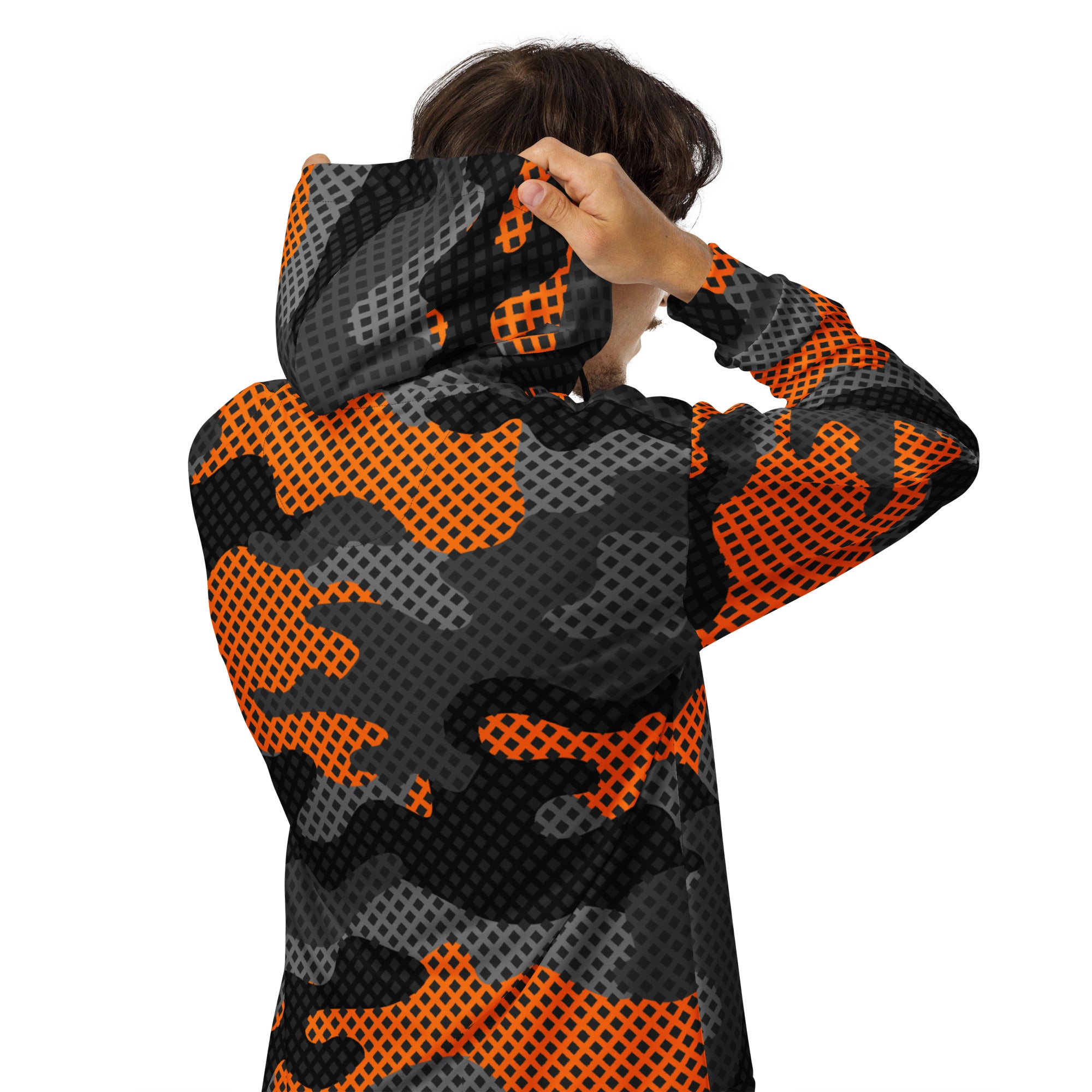 Zip Up Camo Hoodie | Unisex | Black & Orange Pixel style Camo Colors