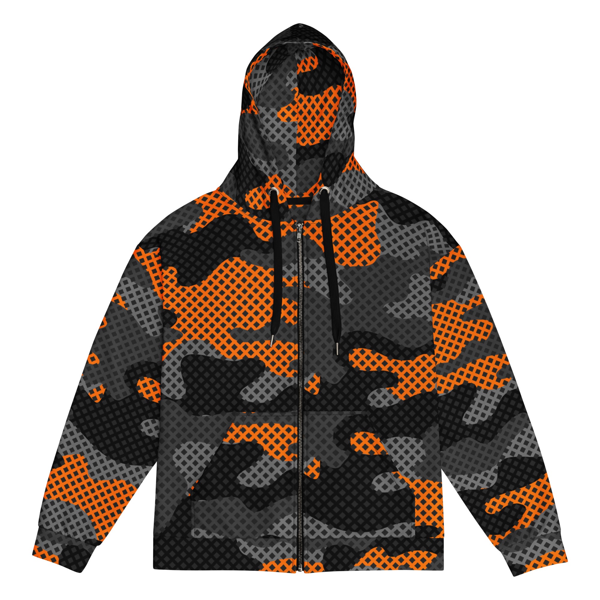 Zip Up Camo Hoodie | Unisex | Black & Orange Pixel style Camo Colors
