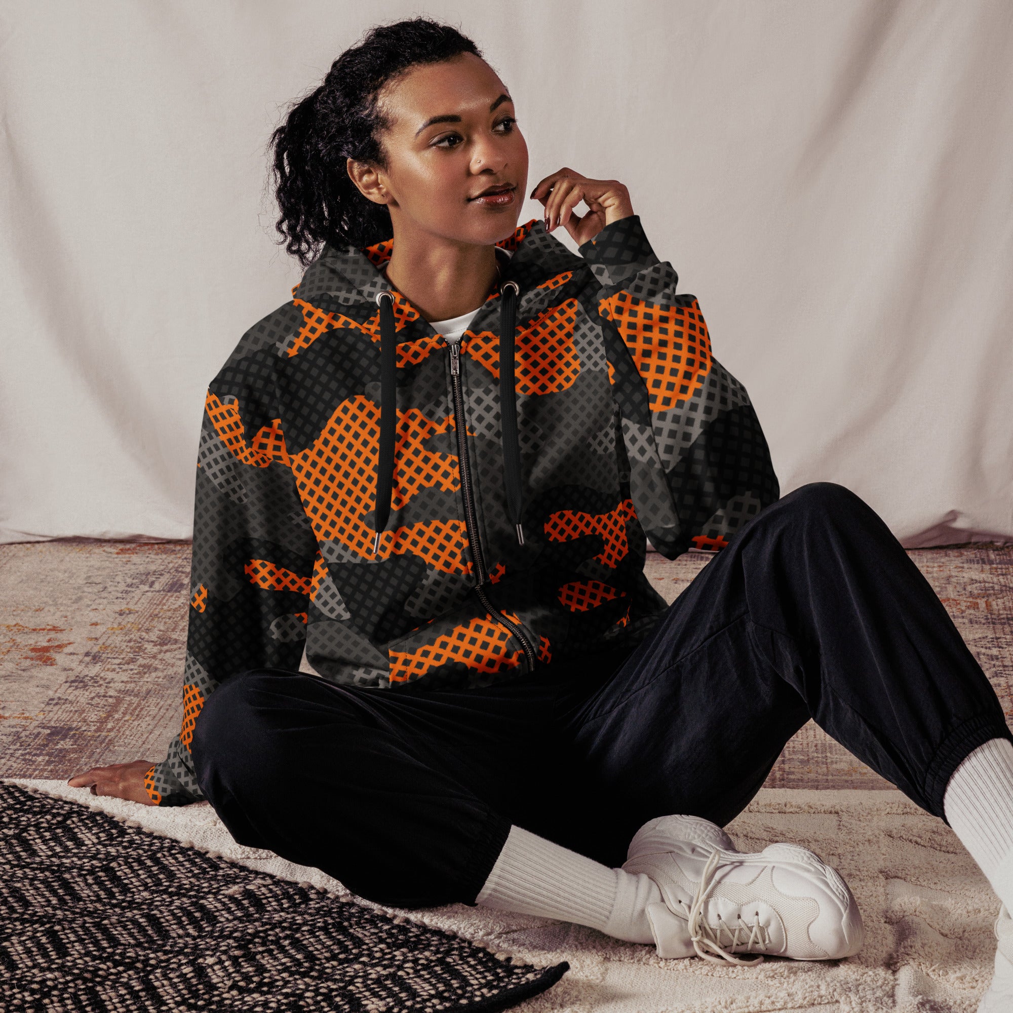 Zip Up Camo Hoodie | Unisex | Black & Orange Pixel style Camo Colors