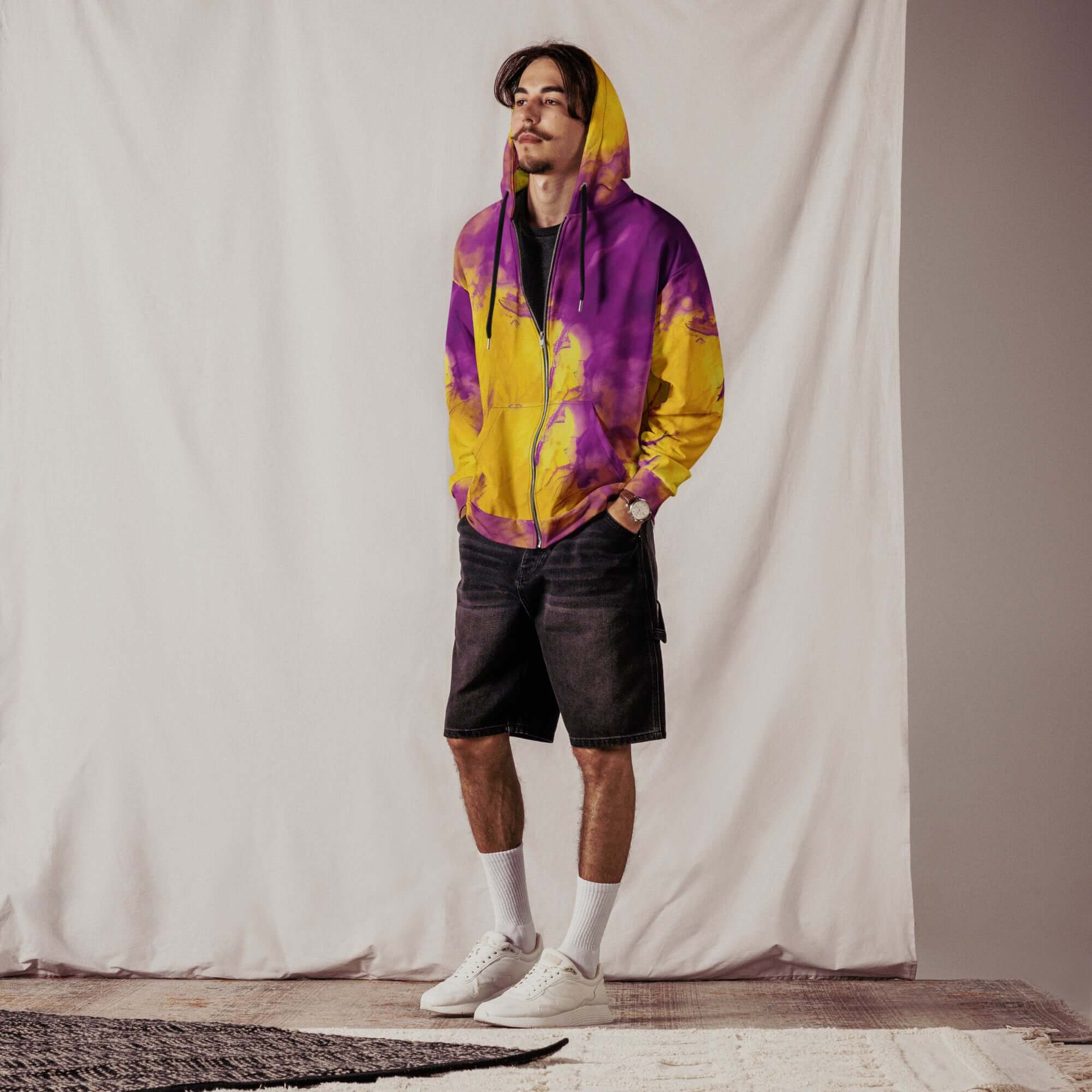 Yellow and Violet Blue Tie Dye Zip Hoodie | Unisex Camo Colors