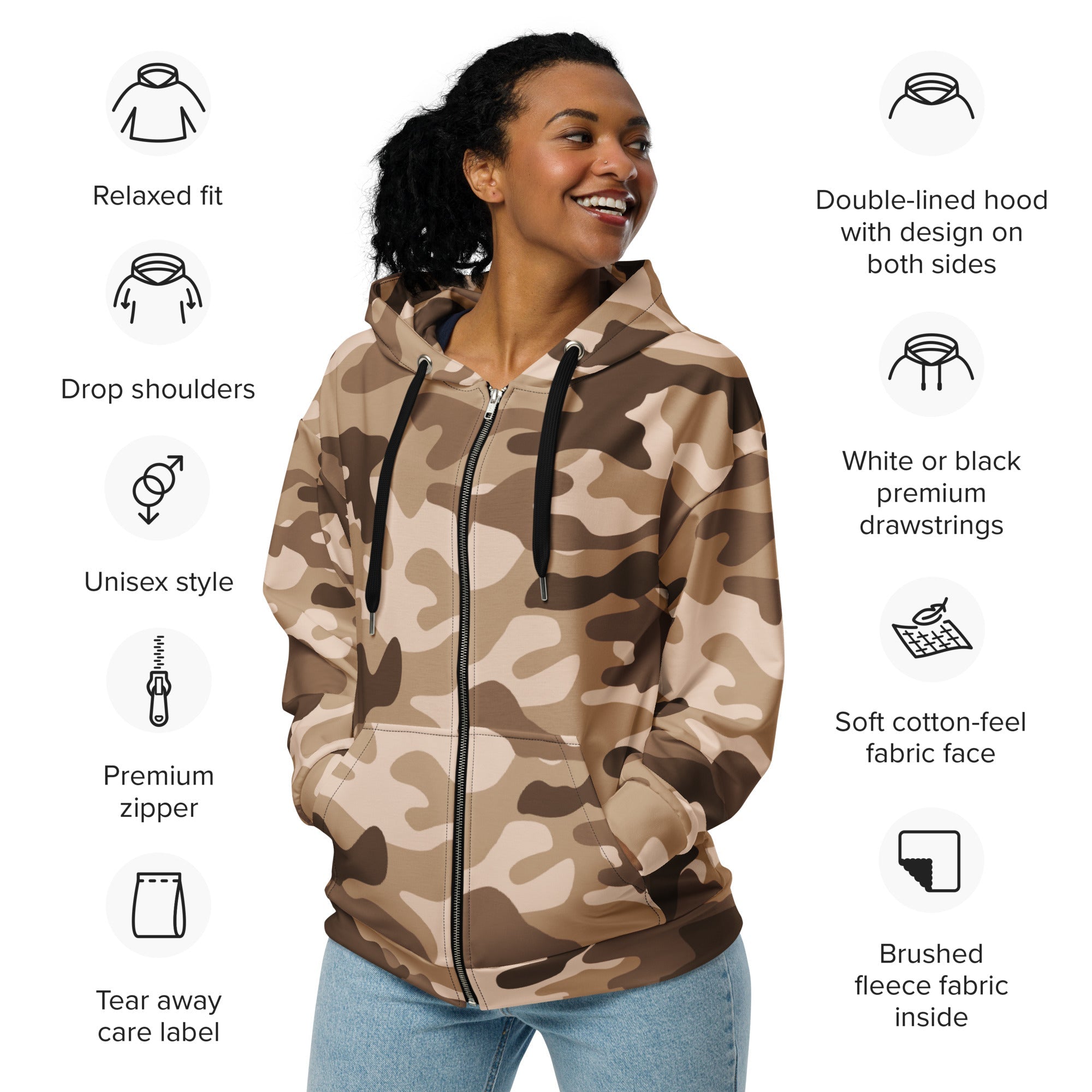 Camo Zip-Up Hoodie | Shades of Brown | Military Style | Camo Colors