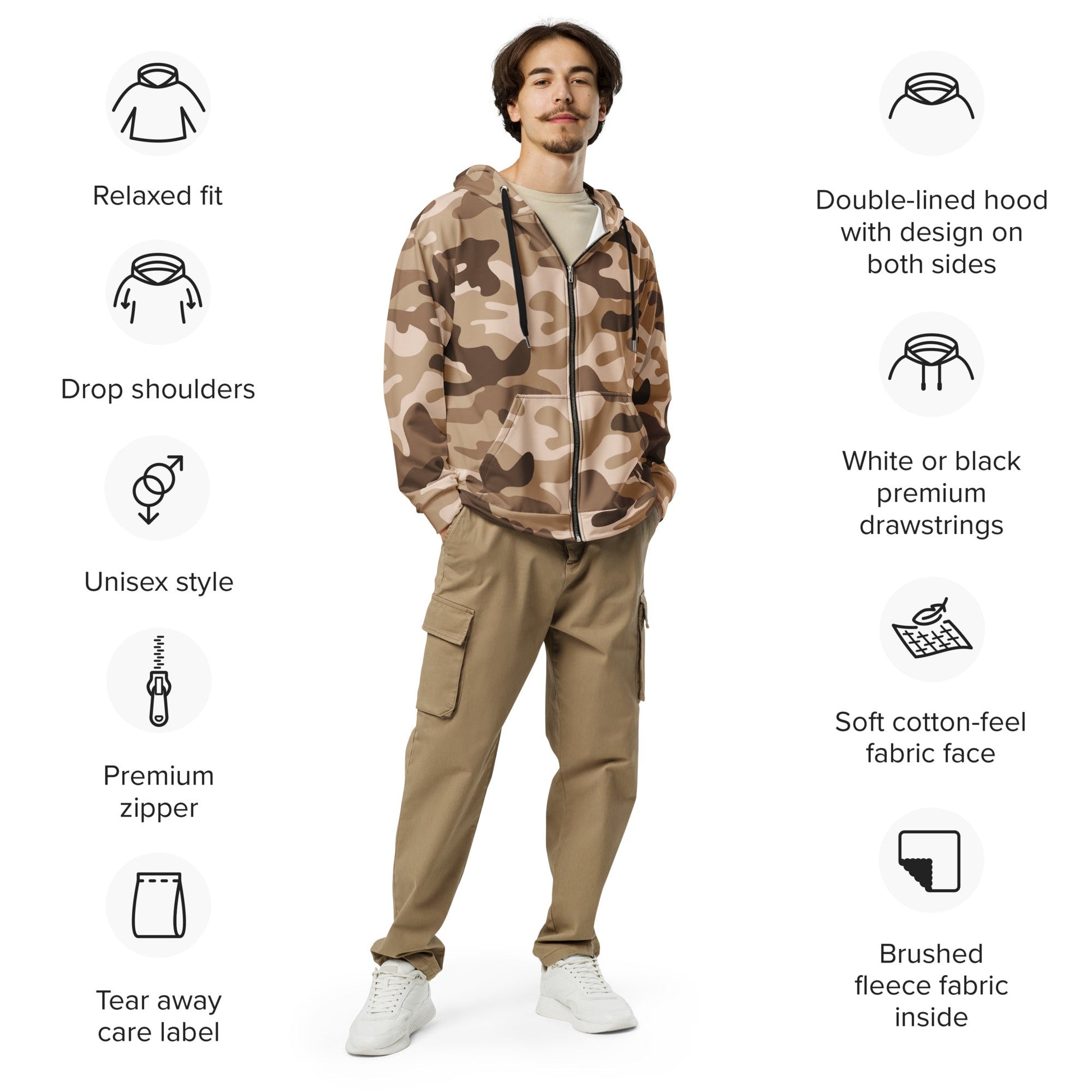 Camo Zip-Up Hoodie | Shades of Brown | Military Style | Camo Colors