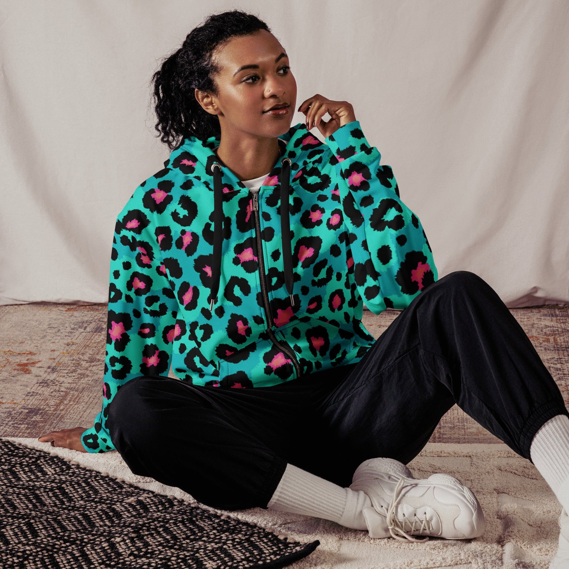 Leopard Print Zip-Up Hoodie | Black, Turquoise & Candy Pink | Camo Colors
