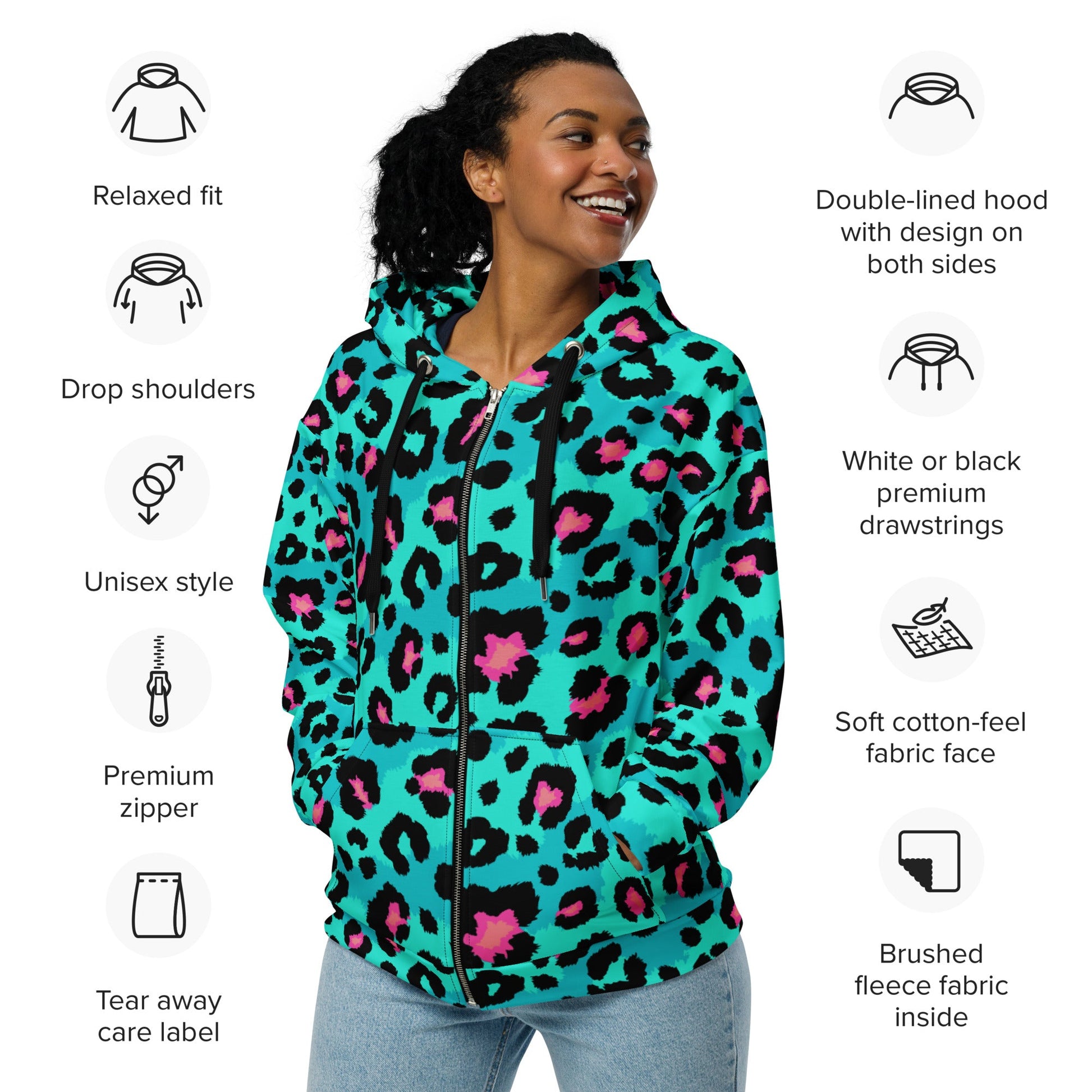 Leopard Print Zip-Up Hoodie | Black, Turquoise & Candy Pink | Camo Colors