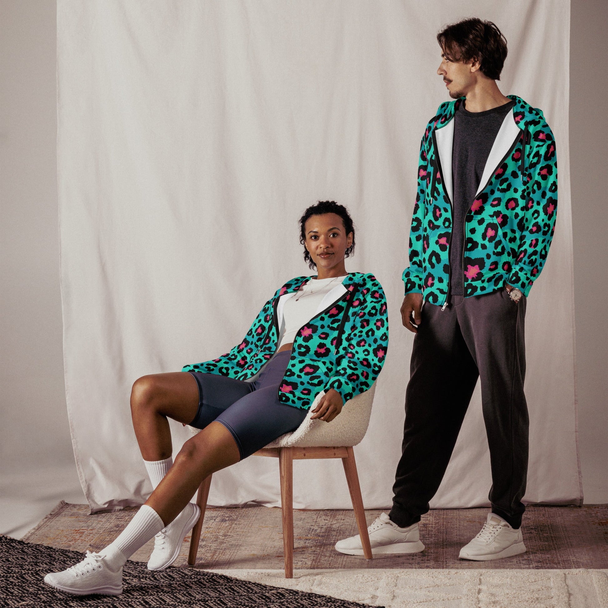 Leopard Print Zip-Up Hoodie | Black, Turquoise & Candy Pink | Camo Colors