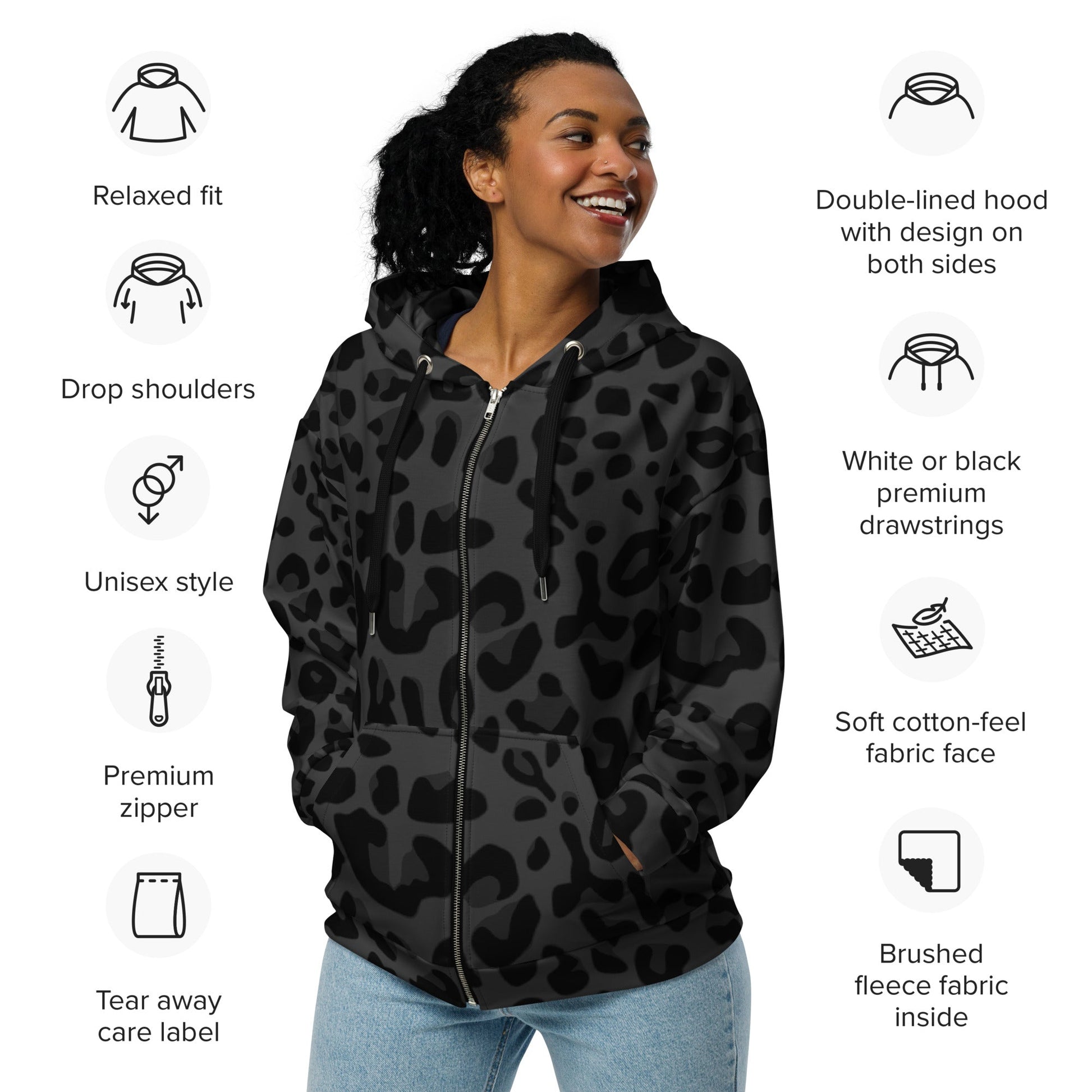 Black Puma Print Zip-Up Hoodie | Stylish & Durable | Camo Colors