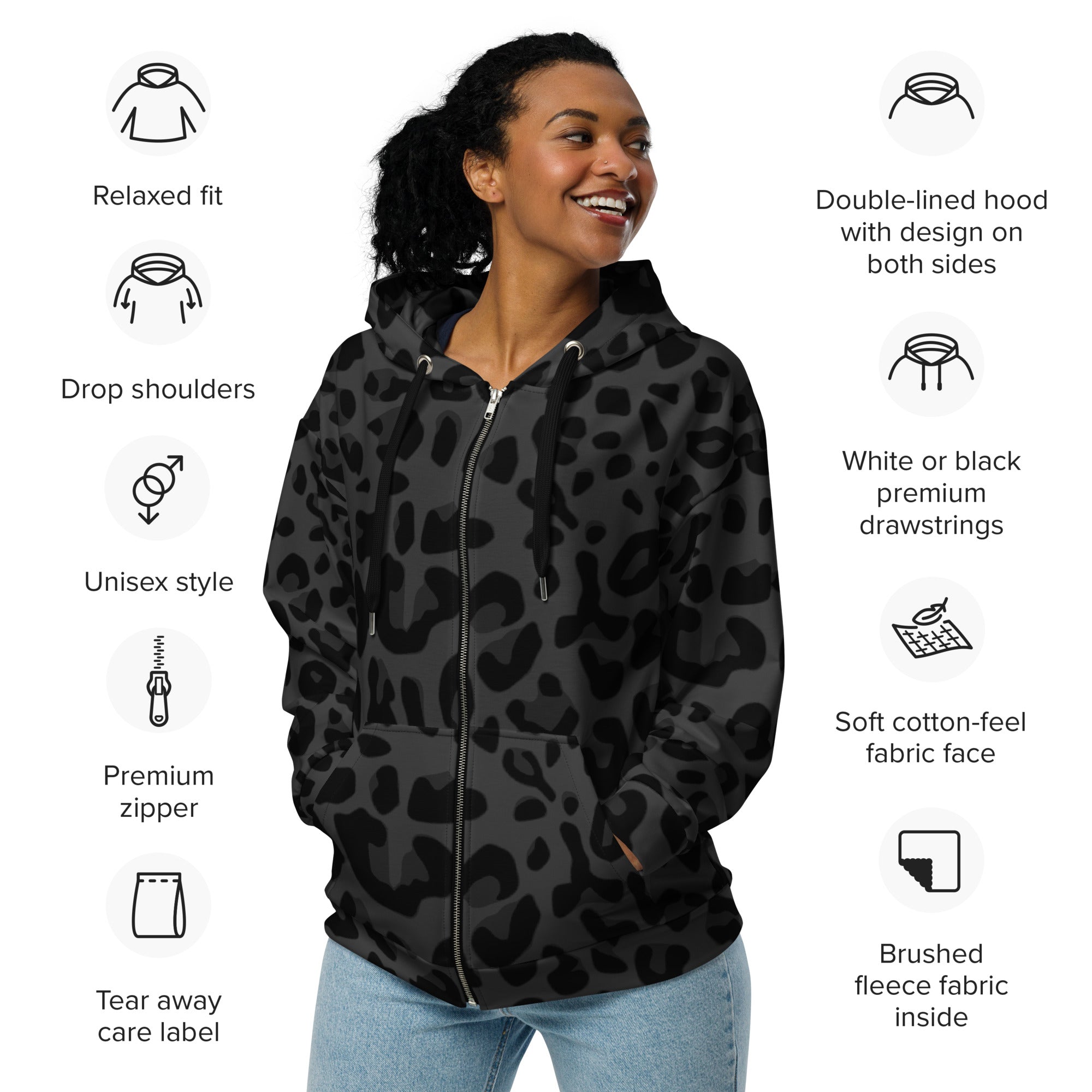 Black Puma Print Zip-Up Hoodie | Stylish & Durable | Camo Colors