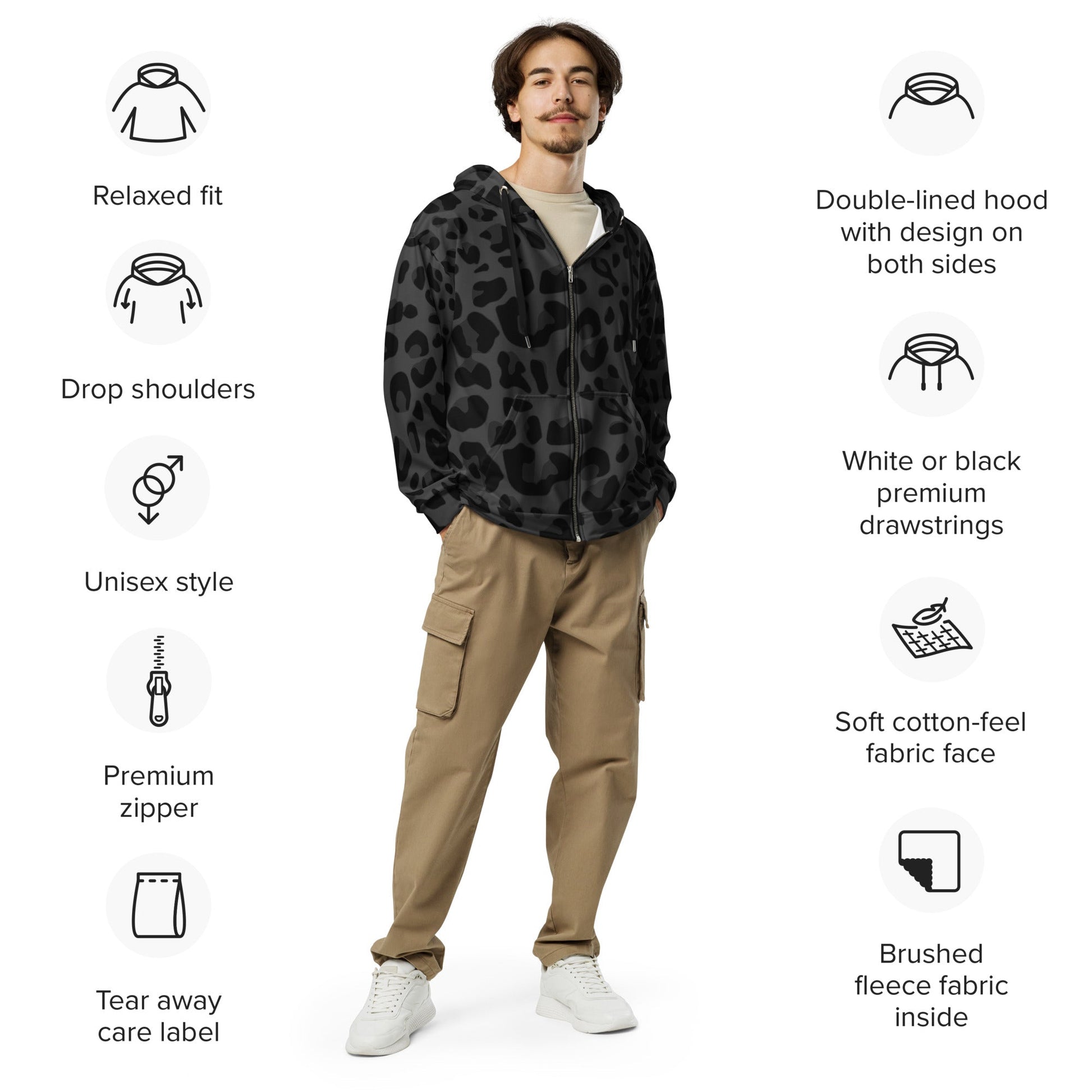 Black Puma Print Zip-Up Hoodie | Stylish & Durable | Camo Colors