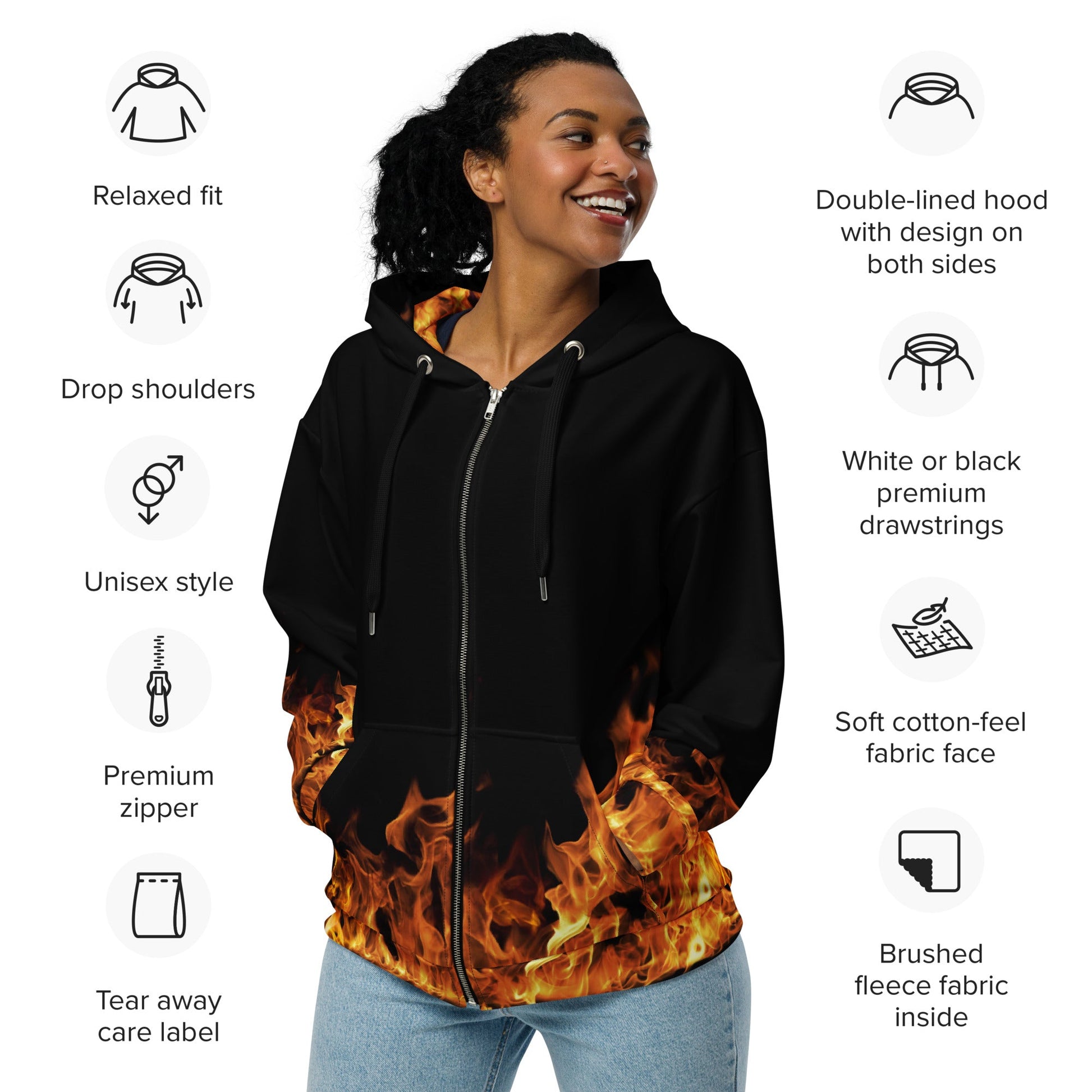 Blazing Flames Zip Hoodie | Black Background | Camo Colors