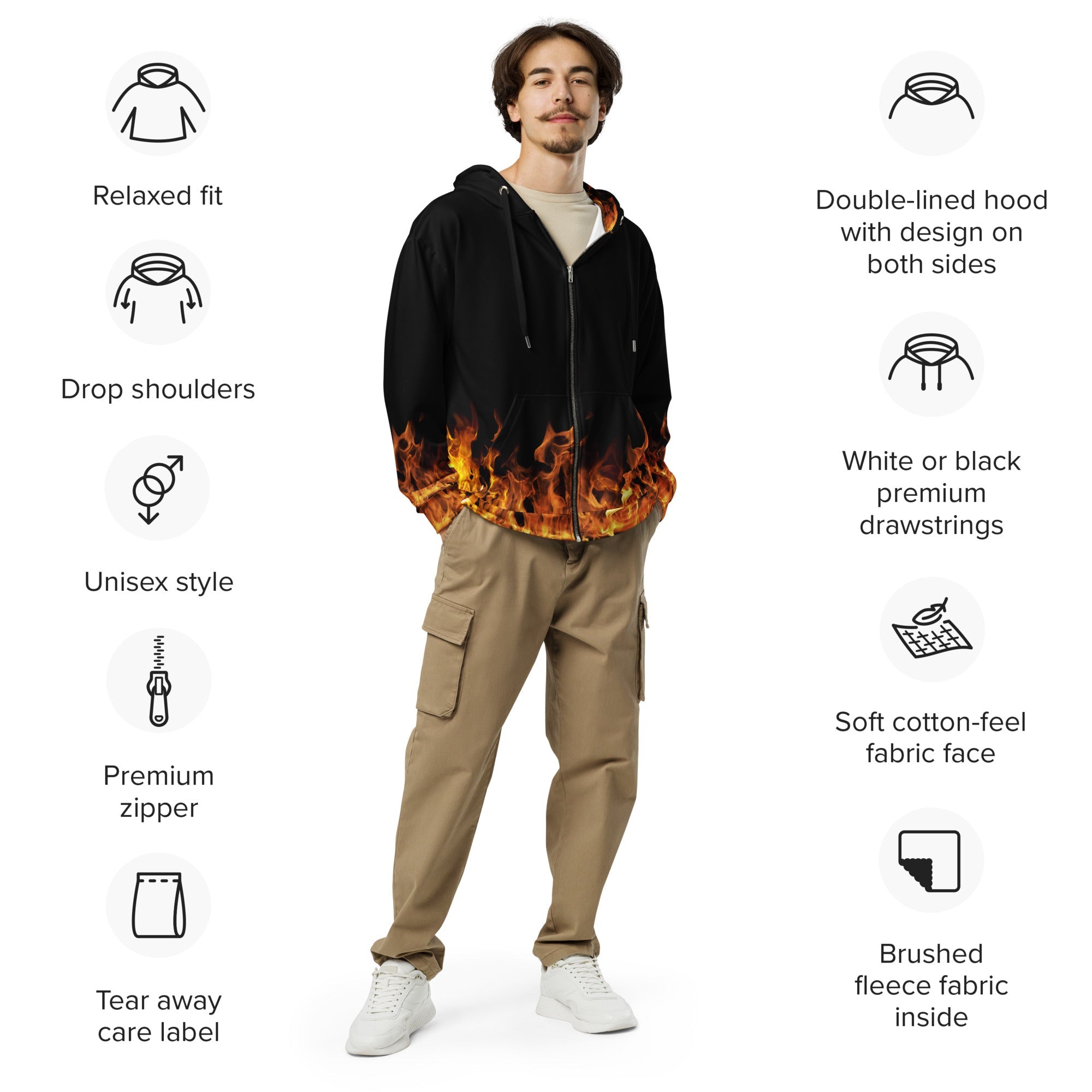 Blazing Flames Zip Hoodie | Black Background | Camo Colors