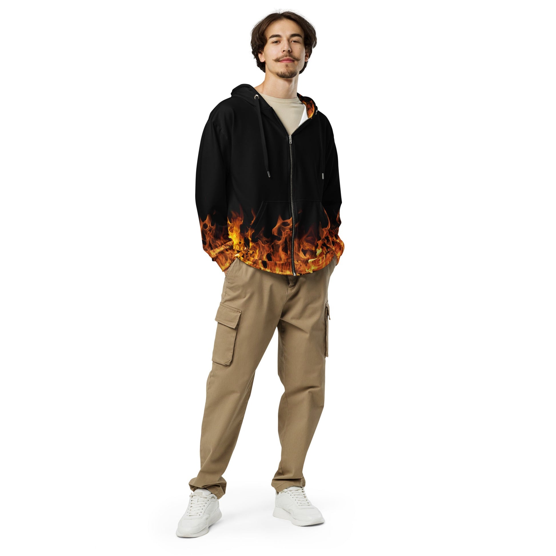 Blazing Flames Zip Hoodie | Black Background | Camo Colors