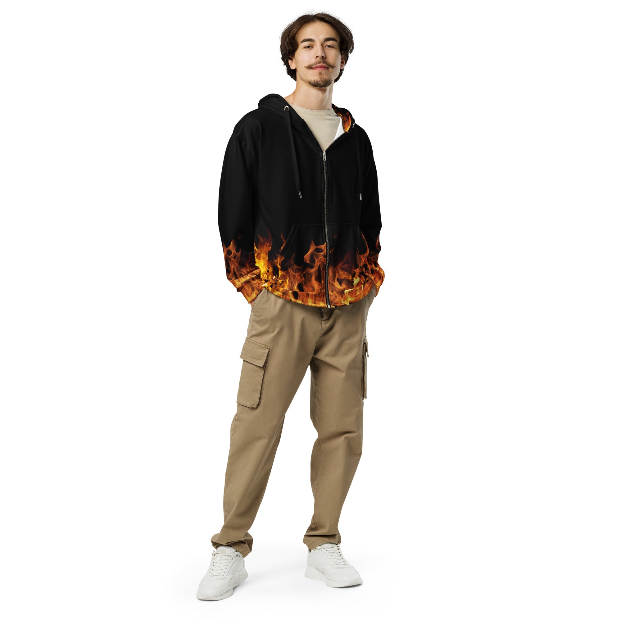 Blazing Flames Zip Hoodie | Black Background | Camo Colors