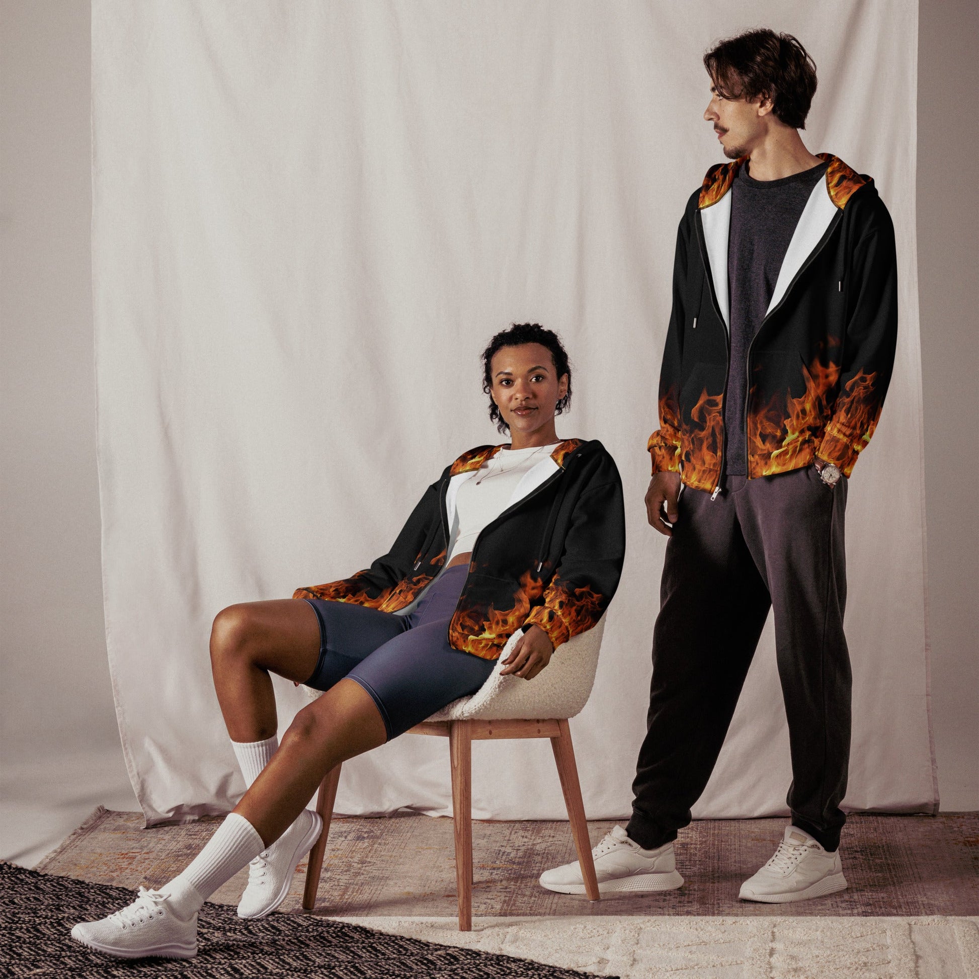 Blazing Flames Zip Hoodie | Black Background | Camo Colors