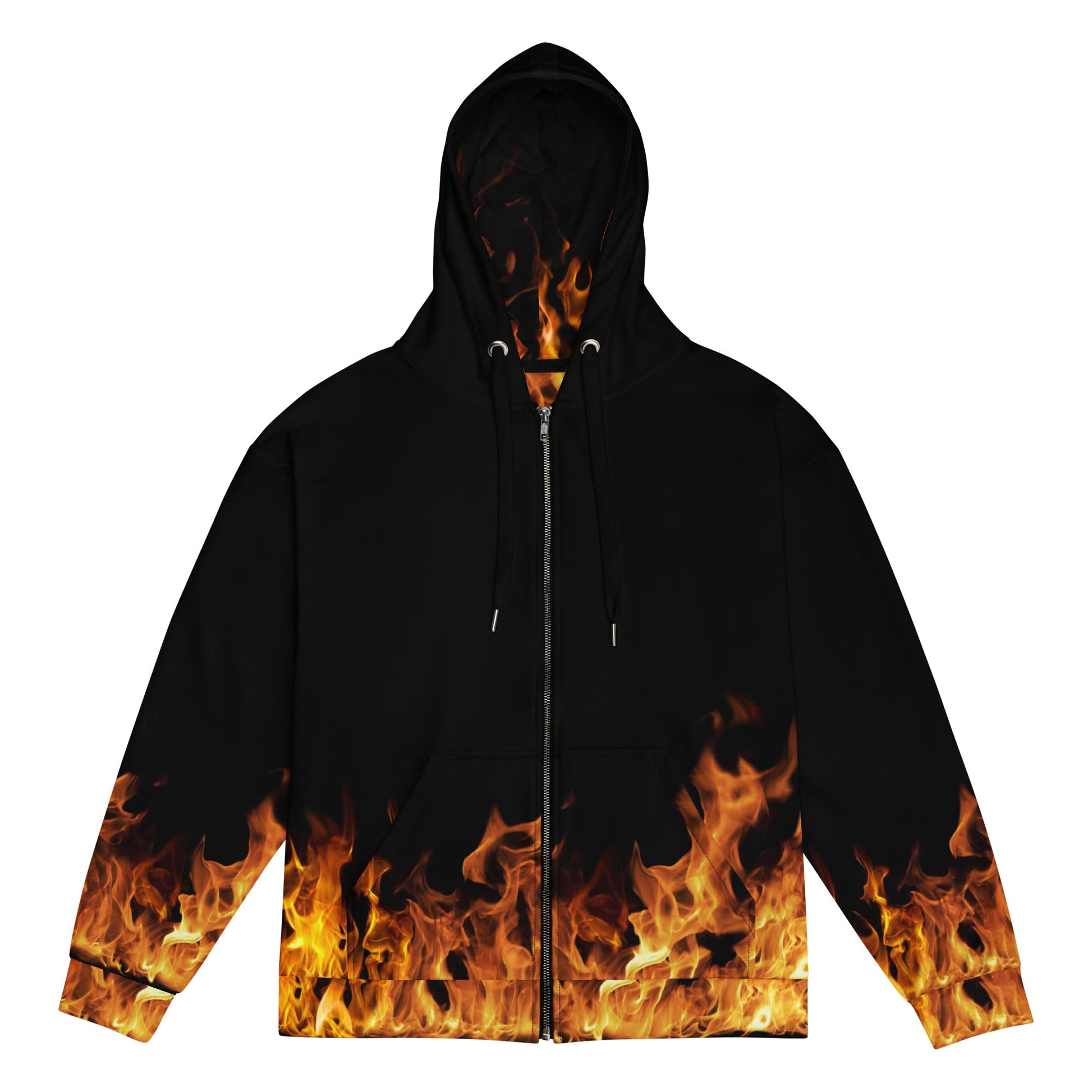 Blazing Flames Zip Hoodie | Black Background | Camo Colors