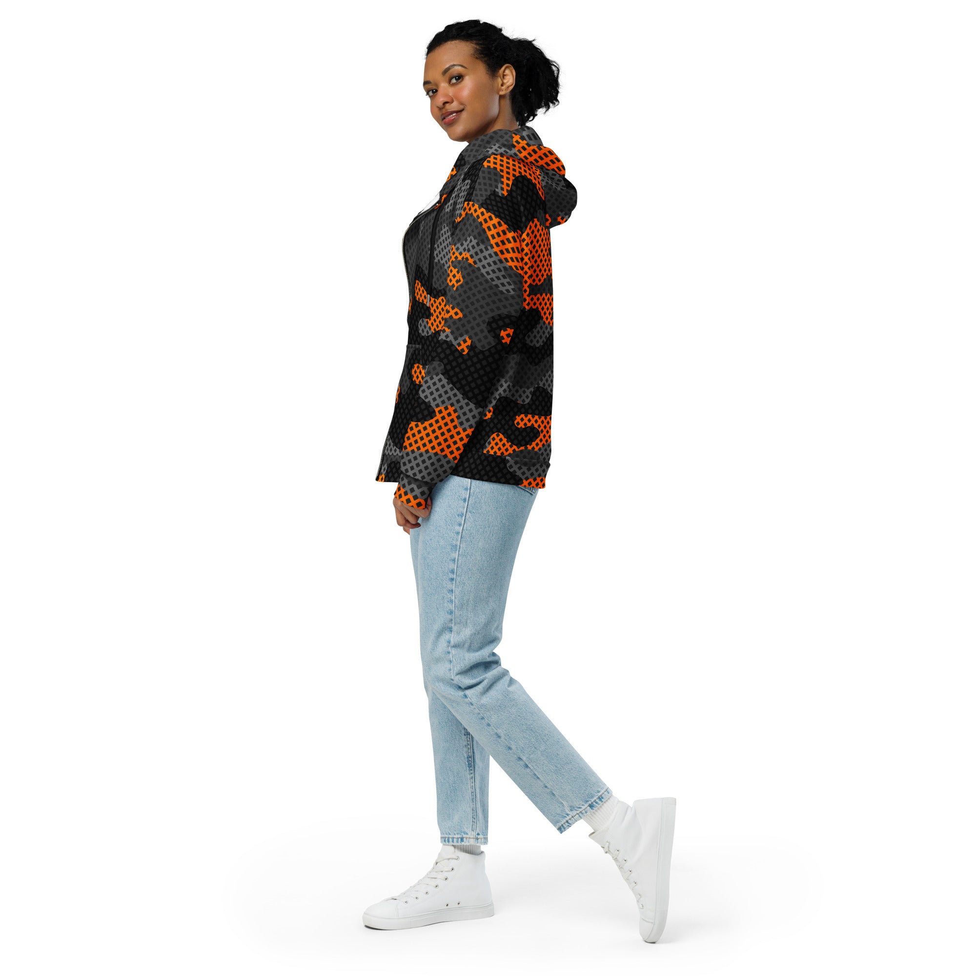 Zip Up Camo Hoodie | Unisex | Black & Orange Pixel style Camo Colors