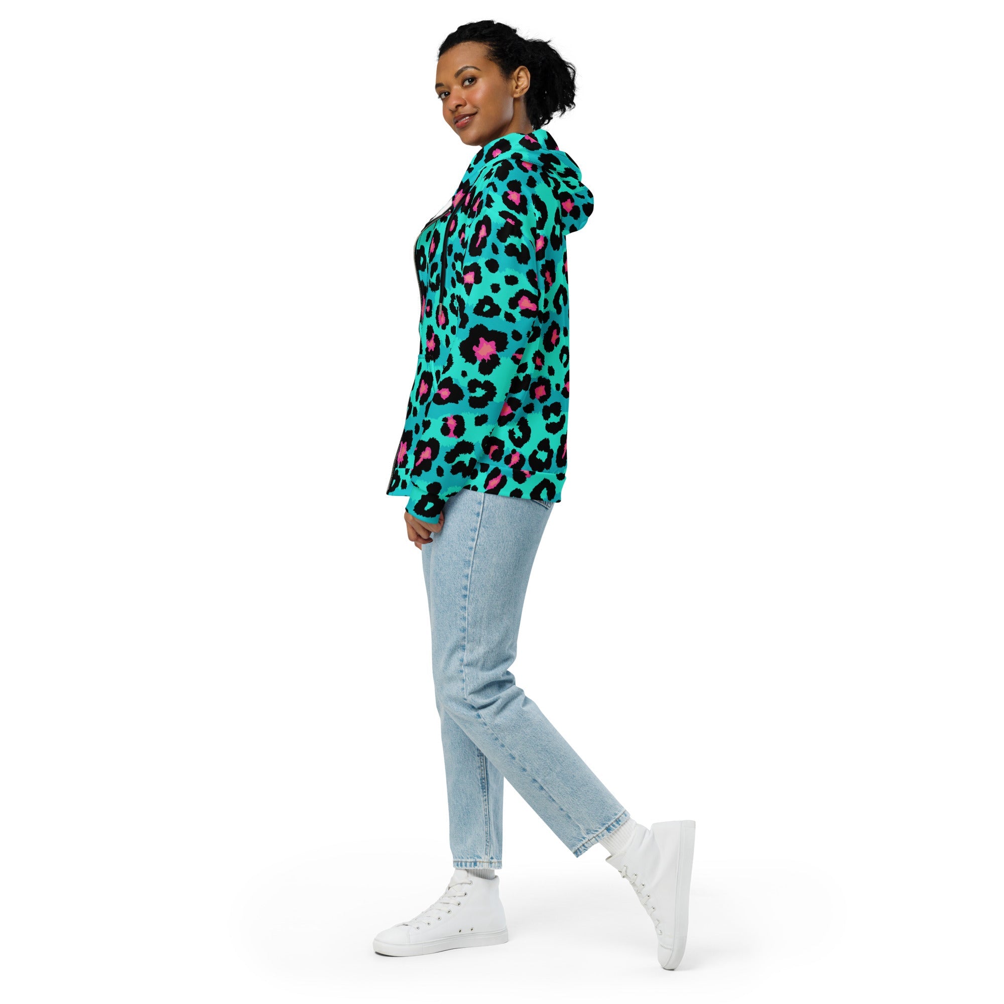 Leopard Print Zip-Up Hoodie | Black, Turquoise & Candy Pink | Camo Colors