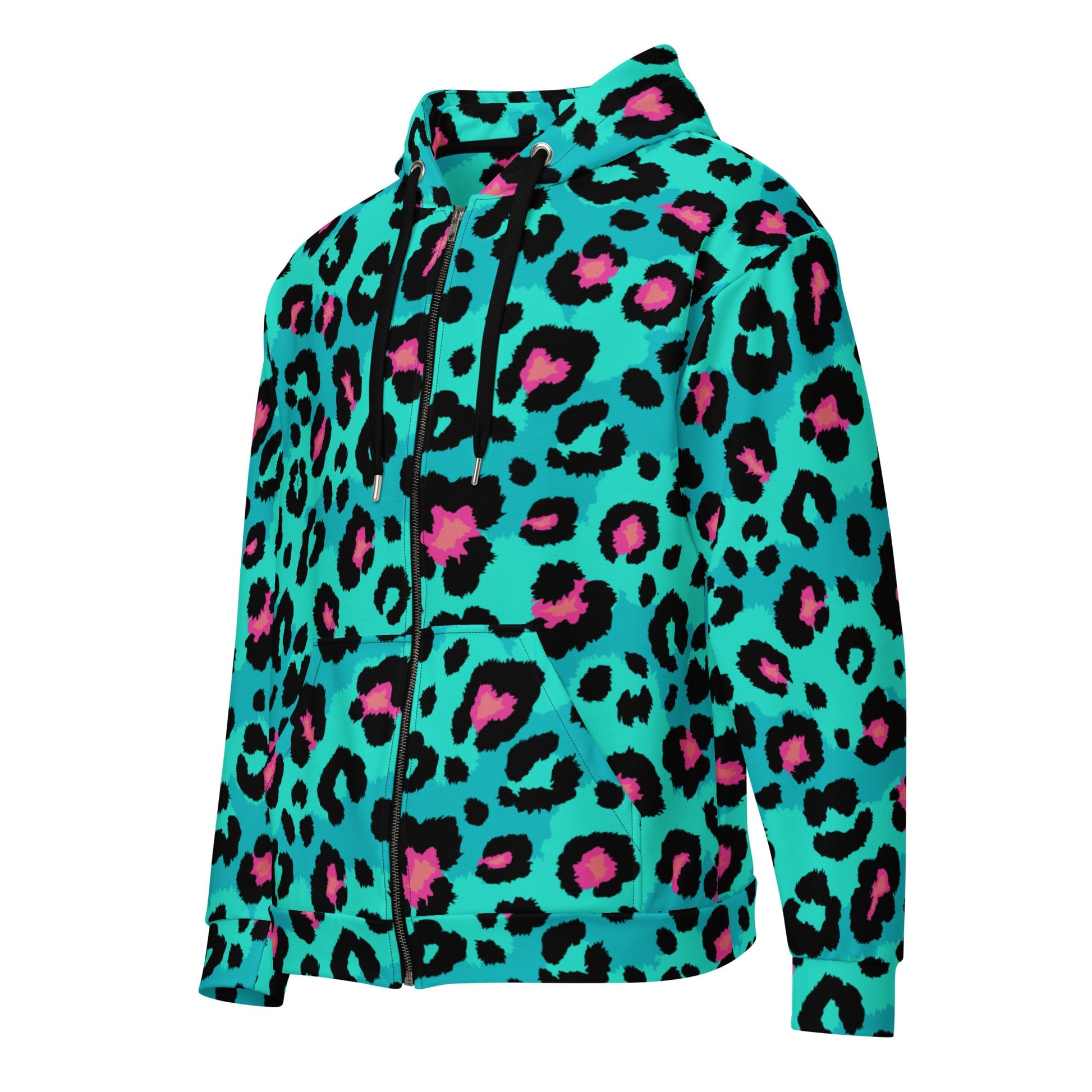 Leopard Print Zip-Up Hoodie | Black, Turquoise & Candy Pink | Camo Colors