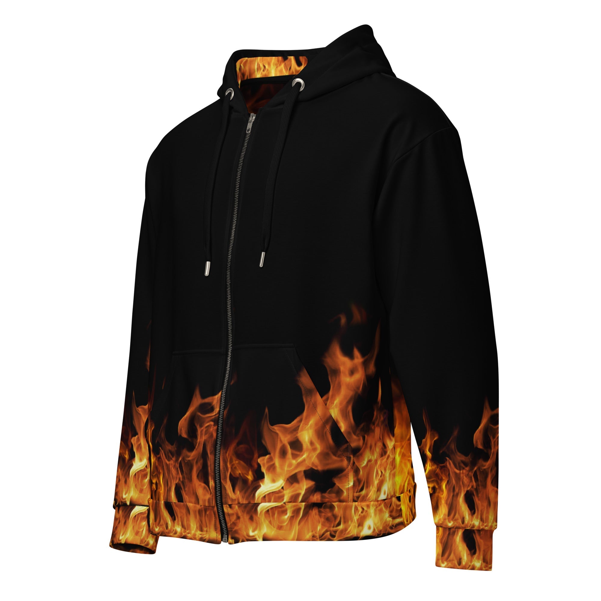 Blazing Flames Zip Hoodie | Black Background | Camo Colors