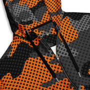 Zip Up Camo Hoodie | Unisex | Black & Orange Pixel style Camo Colors